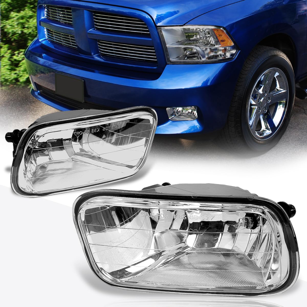 PM PERFORMOTOR Front Bumper Fog Lights for Dodge RAM Pickup 2009-2012 - Clear Lens Replacement Lamps | Enhanced Night Visibility for Off-Road & Winter Driving
