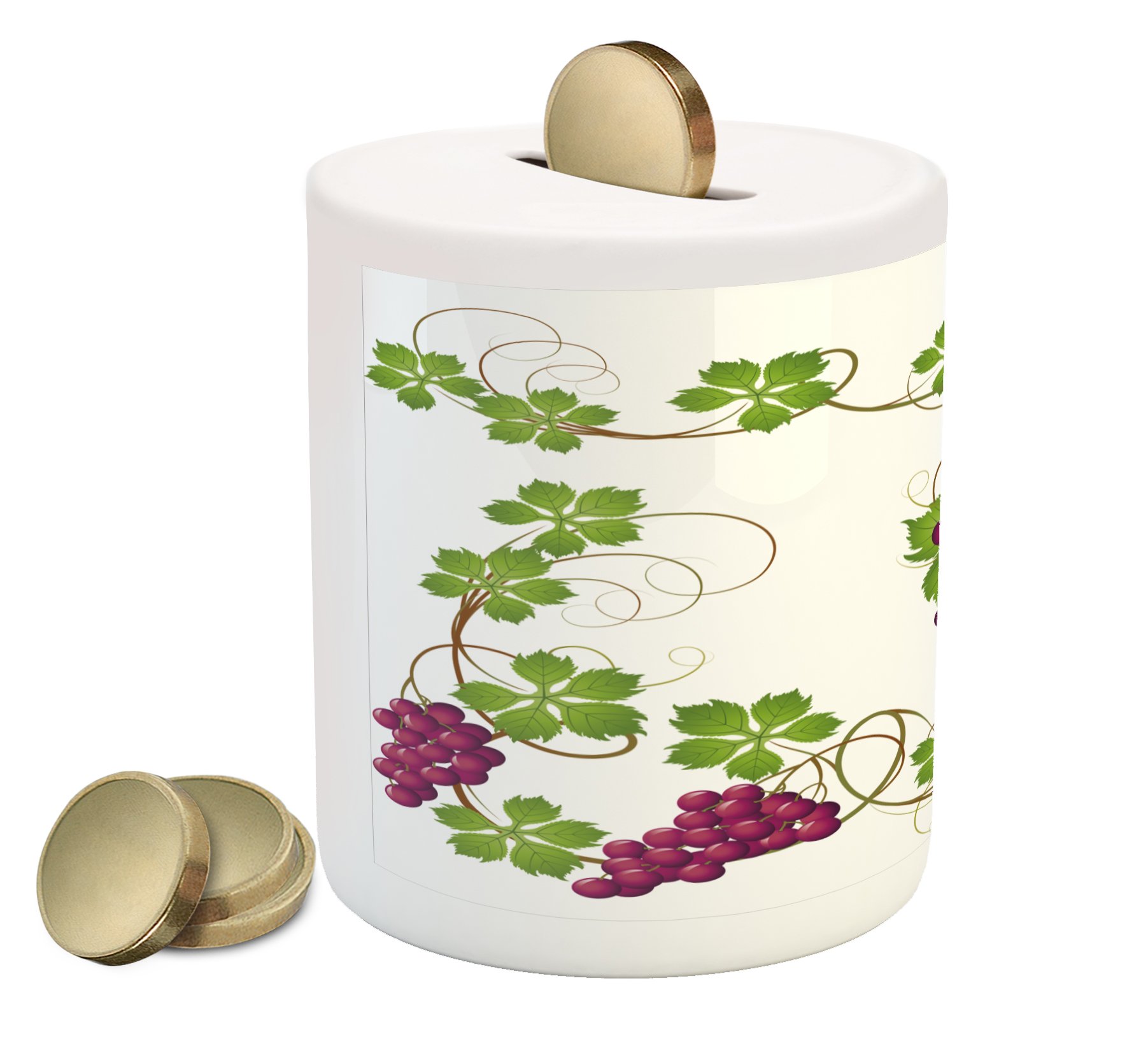Lunarable Vine Piggy Bank - Grapevines Leaves Fruit Swirls Pattern Ceramic Coin Bank for Cash Saving | Nature-Inspired Agriculture Harvest Design in Magenta Green | Perfect Gift for Wine Lovers & Home Decor