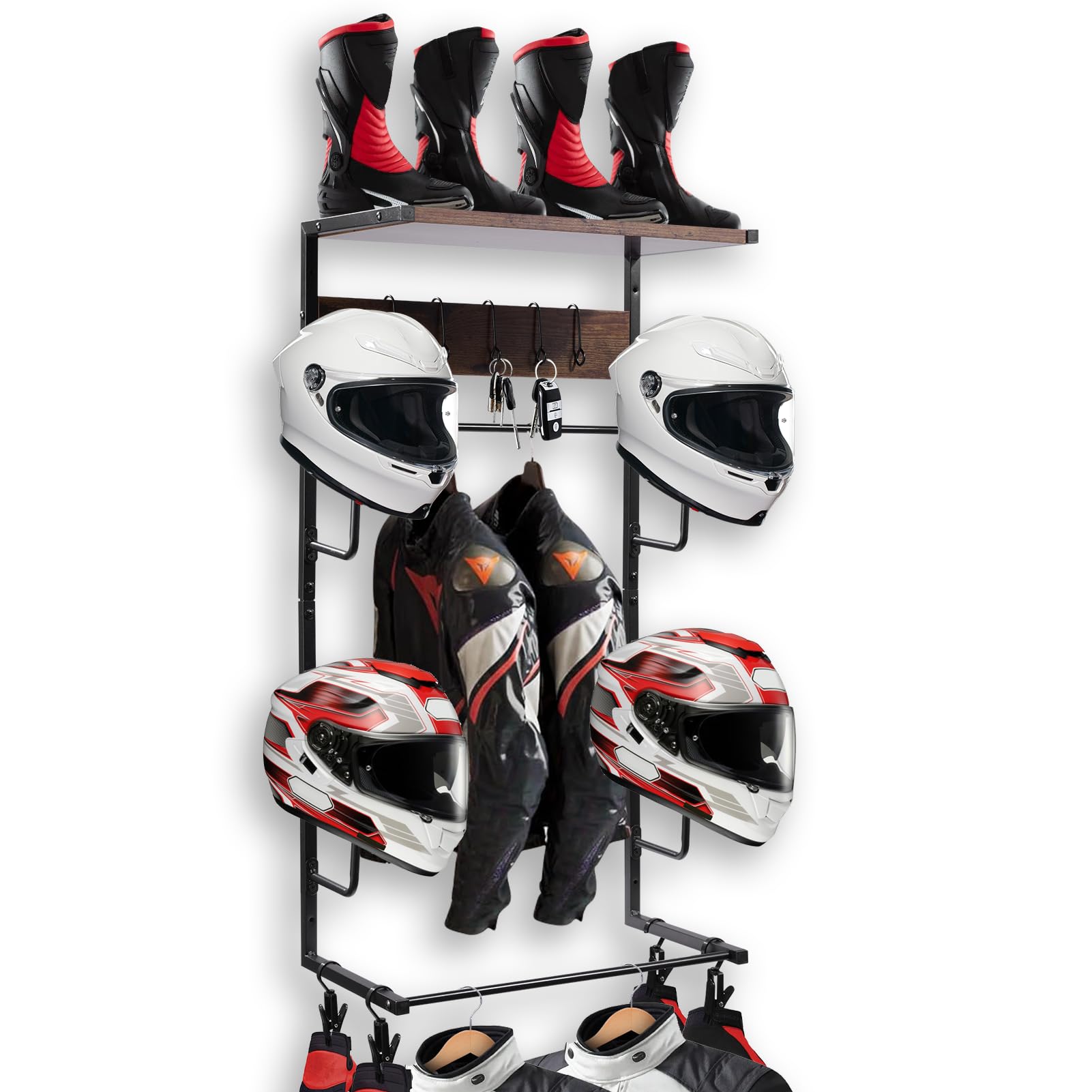 Motorcycle Helmet Wall Mount with Rack & Hooks - Garage Storage Solution