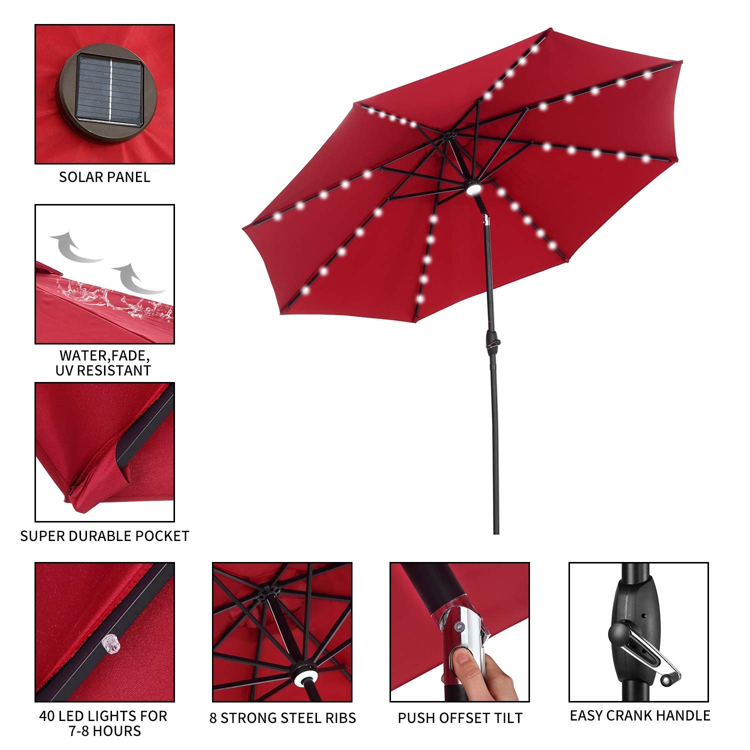 10Ft Outdoor Steel Patio Umbrella with LED Lights - Tilt & Crank Mechanism for Garden, Deck, Backyard, Pool - Red | Perfect for Outdoor Dining, Lounging, and Poolside Relaxation