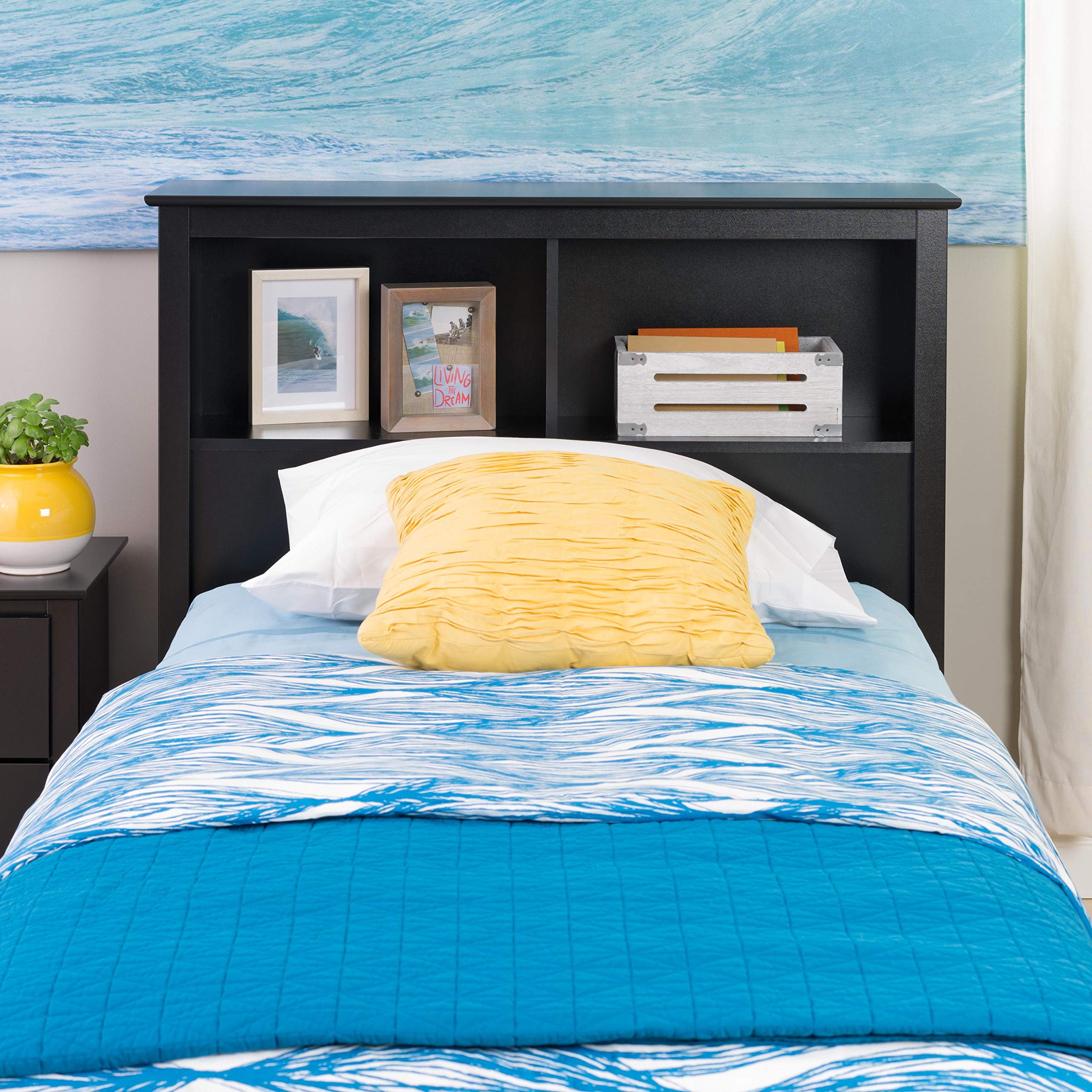 Prepac Twin Bookcase Headboard in Black - Space-Saving Storage Solution for Small Bedrooms & Dorm Rooms