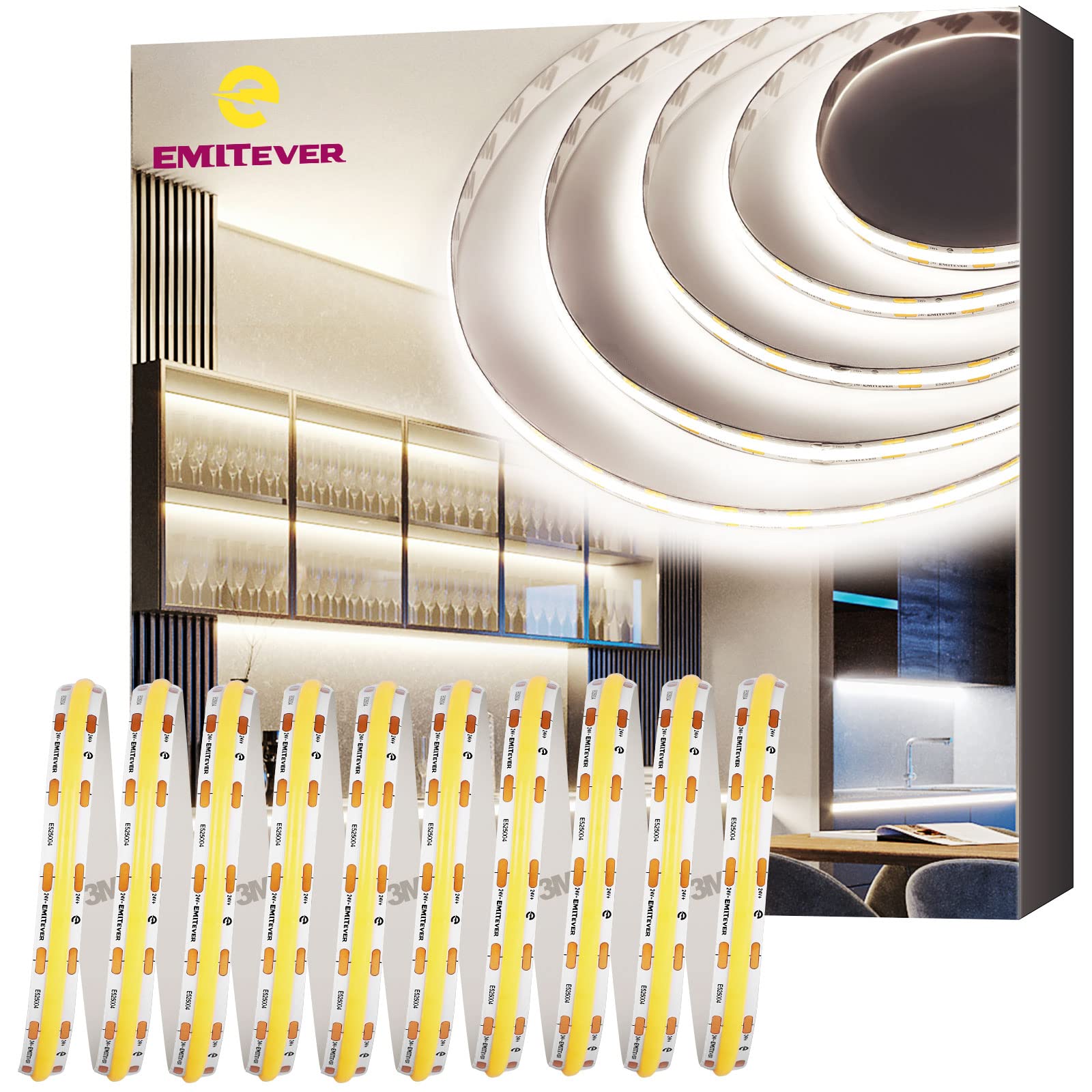 EMITEVER COB LED Strip Lights 25ft Neutral White 4000K, 24V High Density Tape Light with 3600 LEDs/Spool - 90+ CRI, 300+ Lumens/ft, 3W/ft, UL Listed 5-Year Warranty (Power Supply Sold Separately) - Perfect for Kitchen Under Cabinet Lighting, Bedroom Accent, and Commercial Display