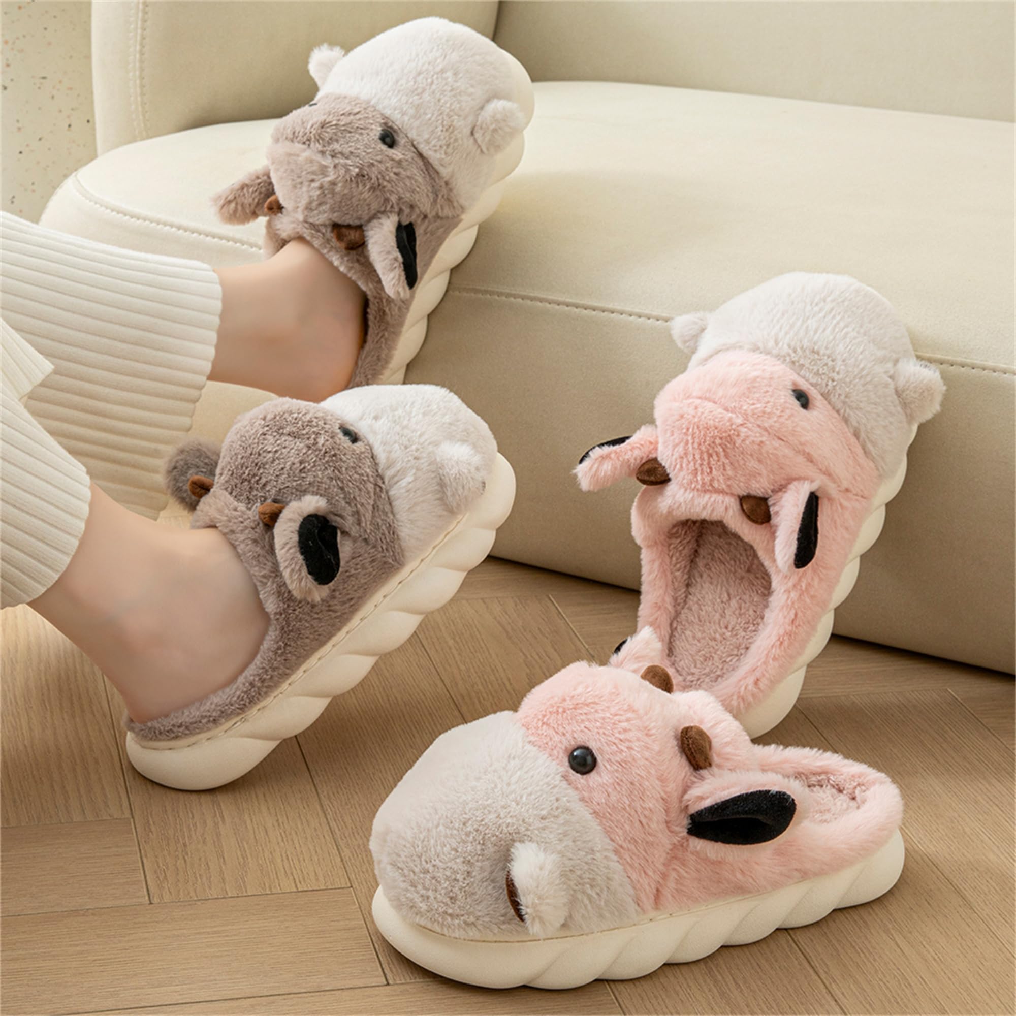 LANFIRE Women's Cute Hippo Slippers - Animal Themed Fuzzy House Shoes, Soft Plush Winter Warm Slippers with Non-Slip Sole for Indoor Comfort - Perfect for Home, Lounge & Gift Giving
