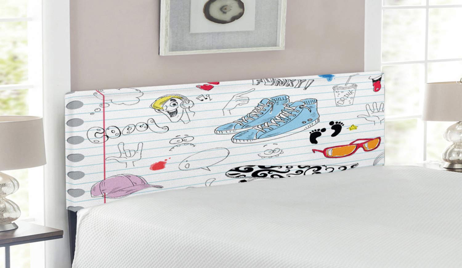 Ambesonne Queen Size Upholstered Metal Headboard - Funky Notebook Design with Skateboard & Shooting Star Print, Memory Foam Padding, Black Pale Blue Ginger - Perfect for Hipster Bedroom Decor & Teen Room Makeover