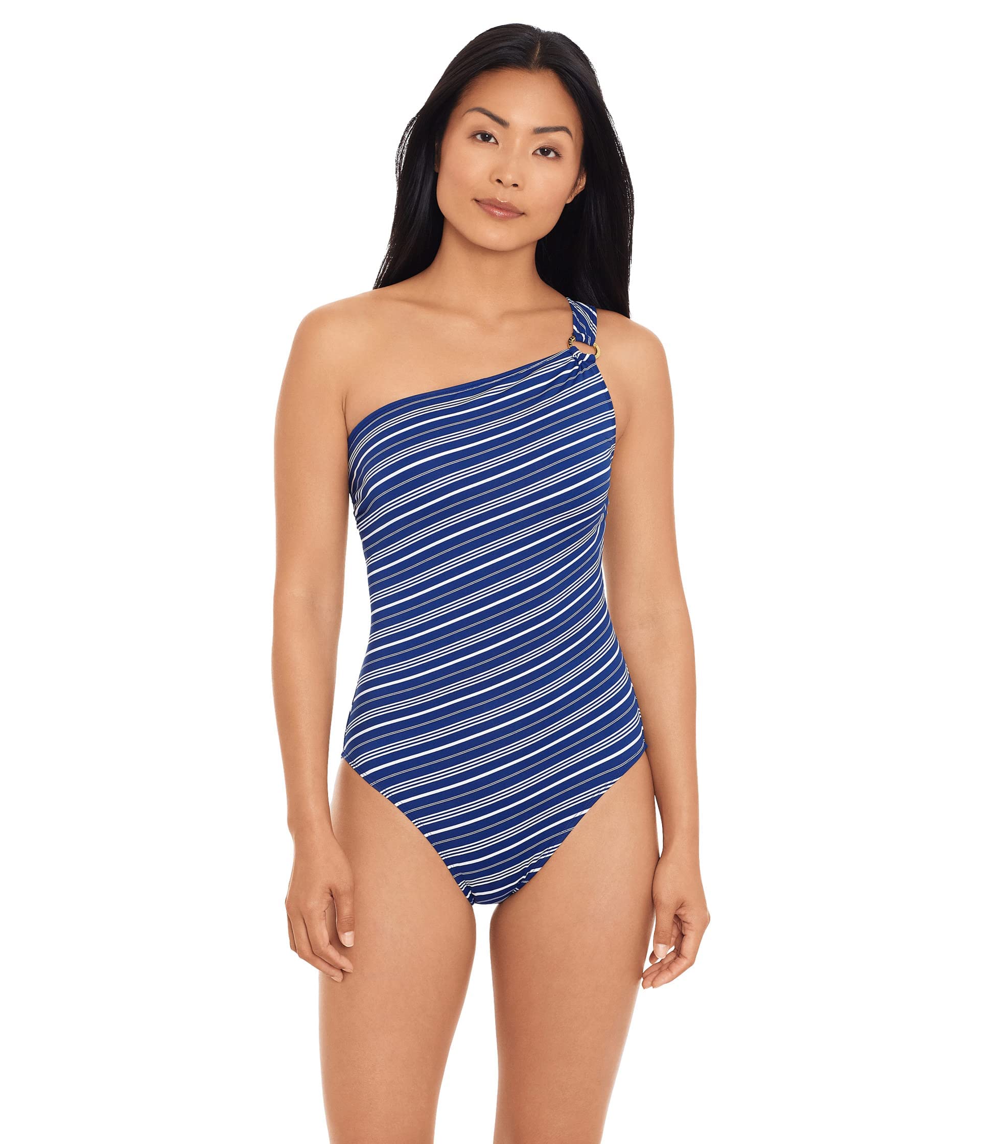 Lauren Ralph Lauren Women's Harper Stripe One Shoulder One-Piece Swimsuit | Stylish Beachwear for Summer Vacation & Pool Party