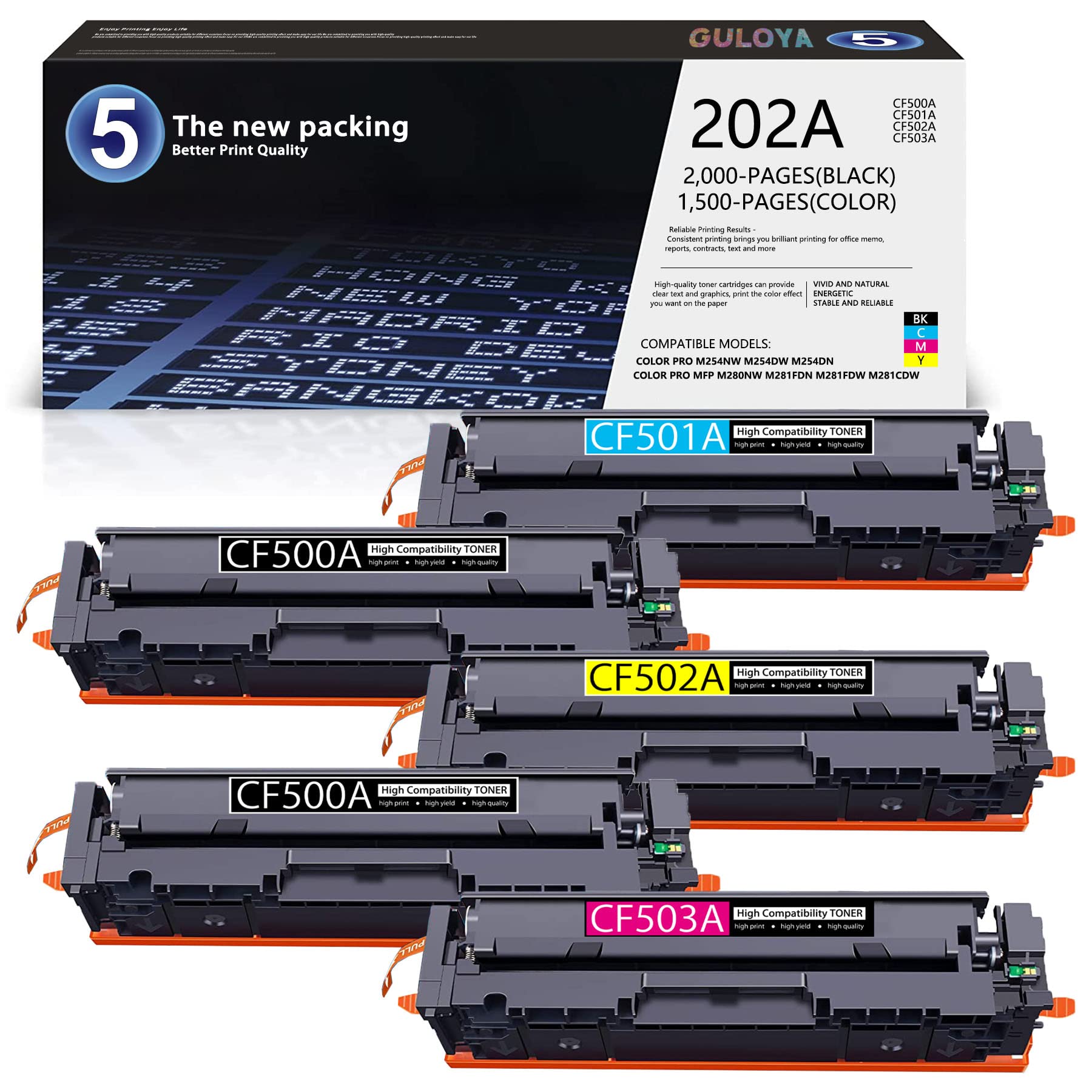 GULOYA 5-Pack Compatible HP 202A CF500A CF501A CF502A CF503A Toner Cartridges Replacement for HP Color Pro M254nw M254dw M254dn MFP M280nw M281fdn M281fdw Printers (2 Black + 1 Cyan + 1 Magenta + 1 Yellow) - Perfect for Home Office & Small Business Printing Needs