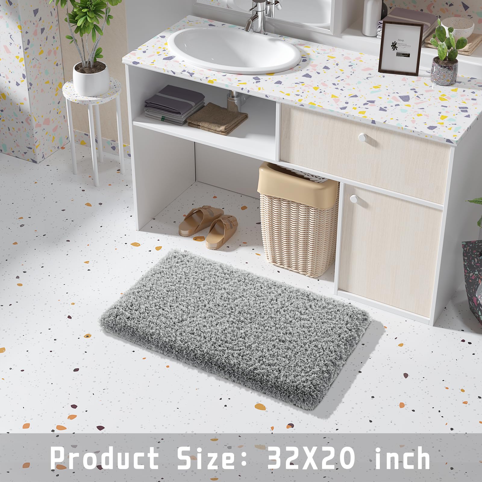 Yimobra Ultra Soft Bath Rugs 32x20 Inches - Water Absorbent Non-Slip Shower Mats, Plush Microfiber Bathroom Floor & Tub Mats, Machine Washable - Pure Gray for Cozy Bathroom Comfort