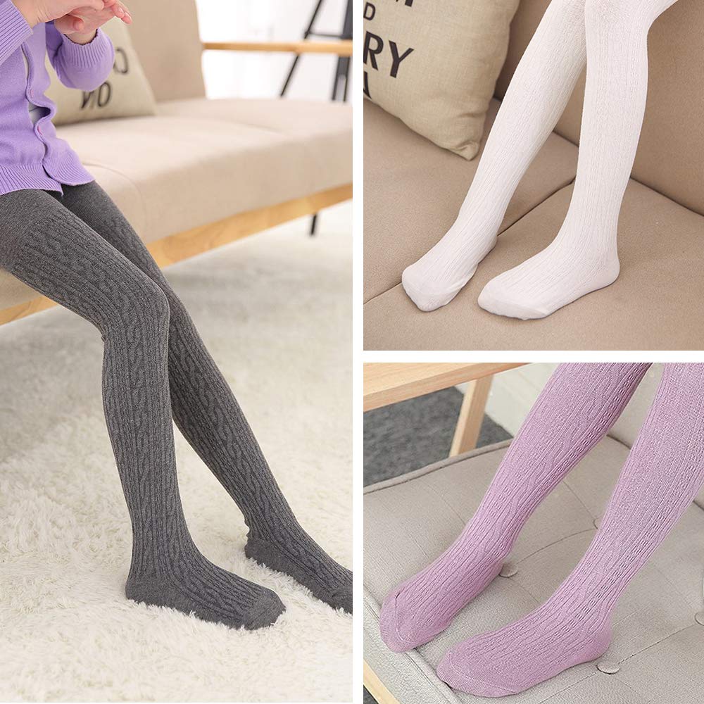 TechCity Girls' Seamless Cotton Cable Knit Leggings for Toddlers 2-14 Years - Soft Warm Tights for School, Play & Winter Outfits