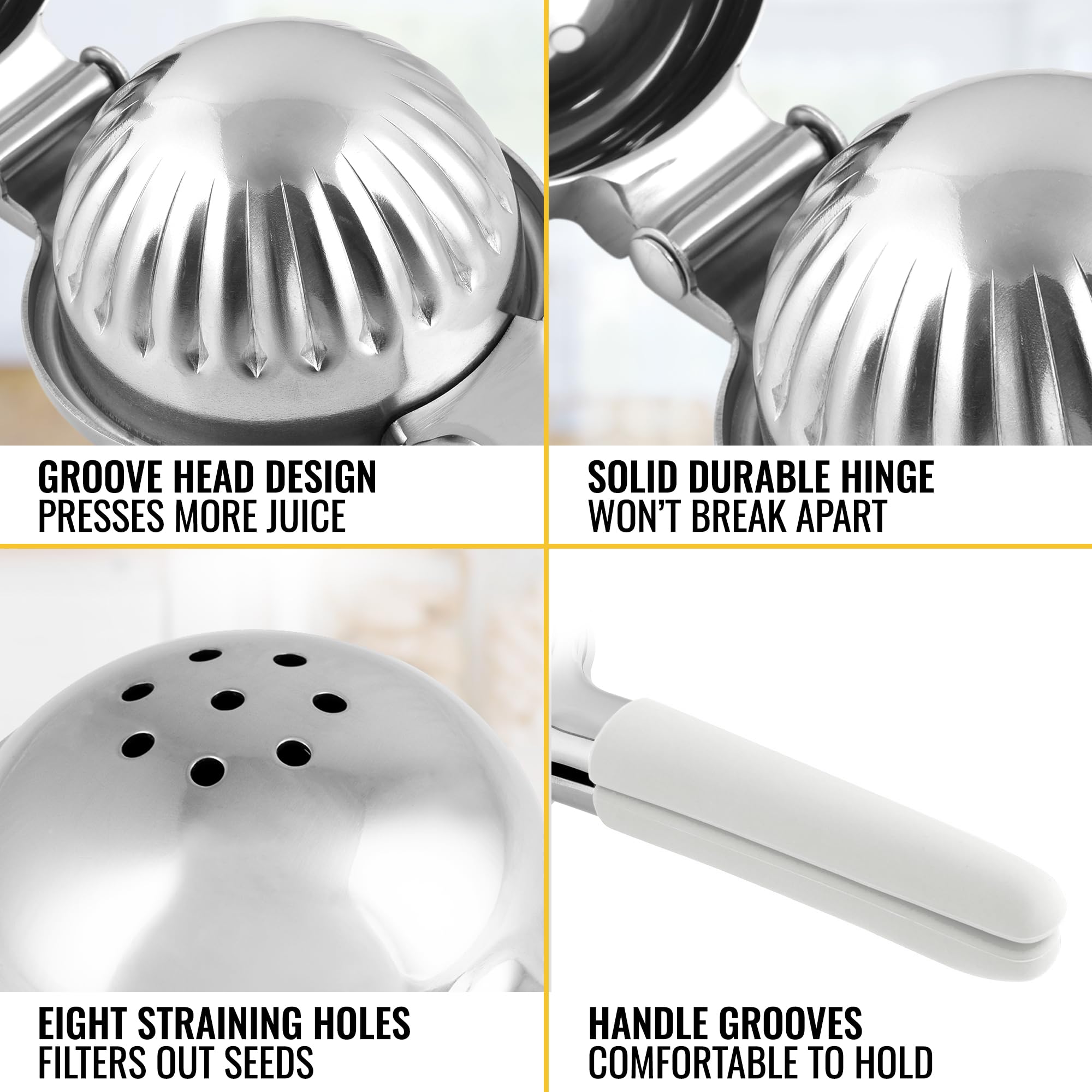 Premium Stainless Steel Lemon Squeezer - Heavy Duty Manual Citrus Juicer with Solid Metal Bowl & Food Grade Silicone Handles - Large Lime & Orange Press for Kitchen, Bar, Restaurant & Cocktail Making (White)