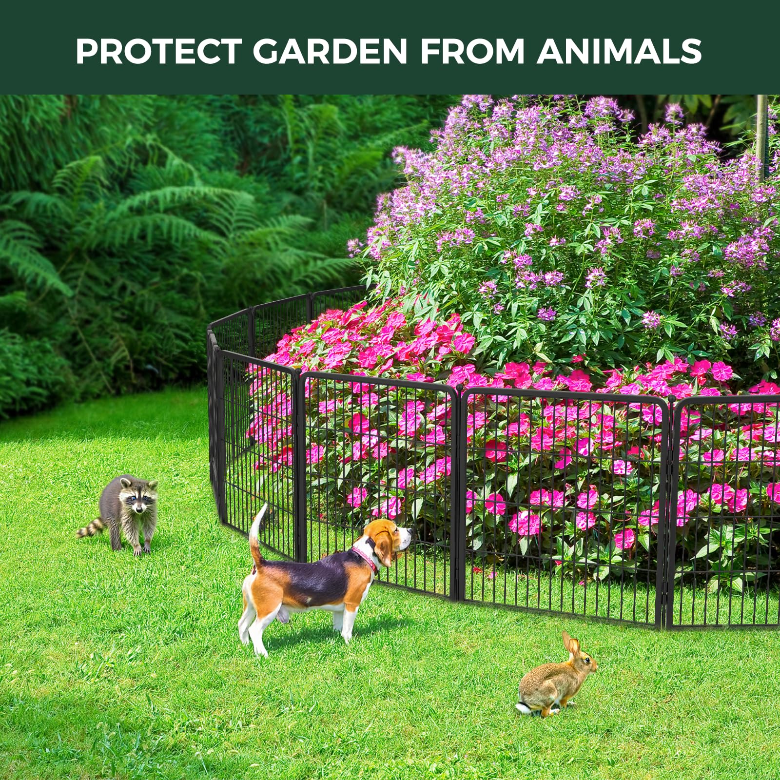 Heavy Duty Metal Garden Fence for Dogs & Rabbits - 40in Tall x 36ft Long Black Outdoor Animal Barrier with 16 Panels | Durable Yard Fence for Pet Containment & Garden Protection | Perfect for Backyard, Lawn, and Landscape Security