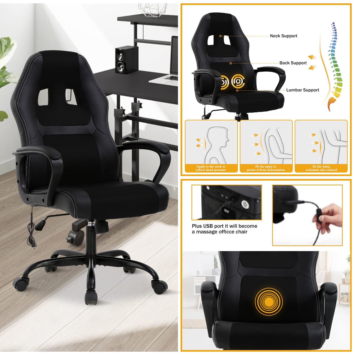 Ergonomic Gaming Chair for Adults - Adjustable Racing Office Chair with Lumbar Support & Armrests - Reclining Computer Task Chair for Video Games & Work - Black (Perfect for Home Office, Gaming Setup & Esports)