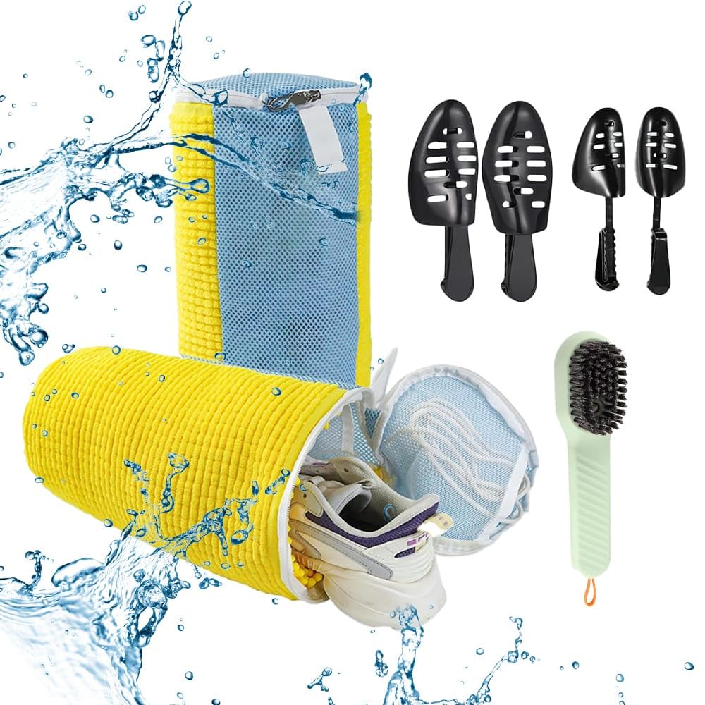 Reusable Shoe Laundry Bag with Brush - for Sneakers & Gym Shoes - Machine Wash Safe - Includes Shoe Trees - Perfect for Travel & Sports