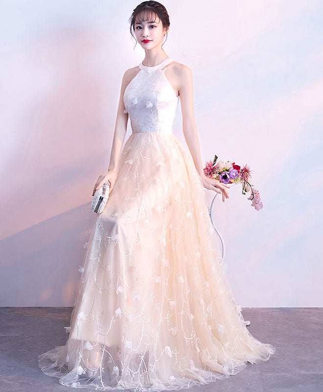 Elegant Champagne Lace Tulle Long Prom Dress for Women - Formal Evening Gown for Homecoming, Ball, Wedding & Special Occasions