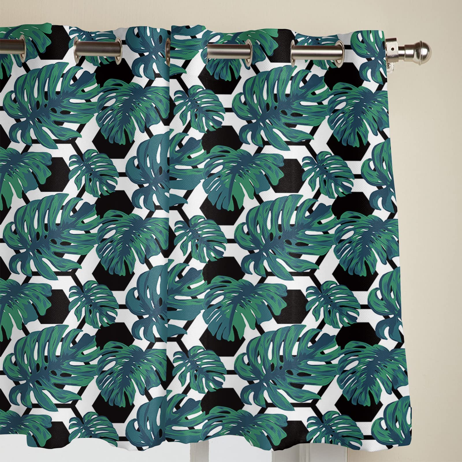 84 Inch Tropical Green Window Curtains with Palm Leaf Design - 2 Panel Grommet Drapes for Kitchen, Cafe, Living Room, Bedroom & Laundry Room - Perfect for Summer Decor & Window Treatments