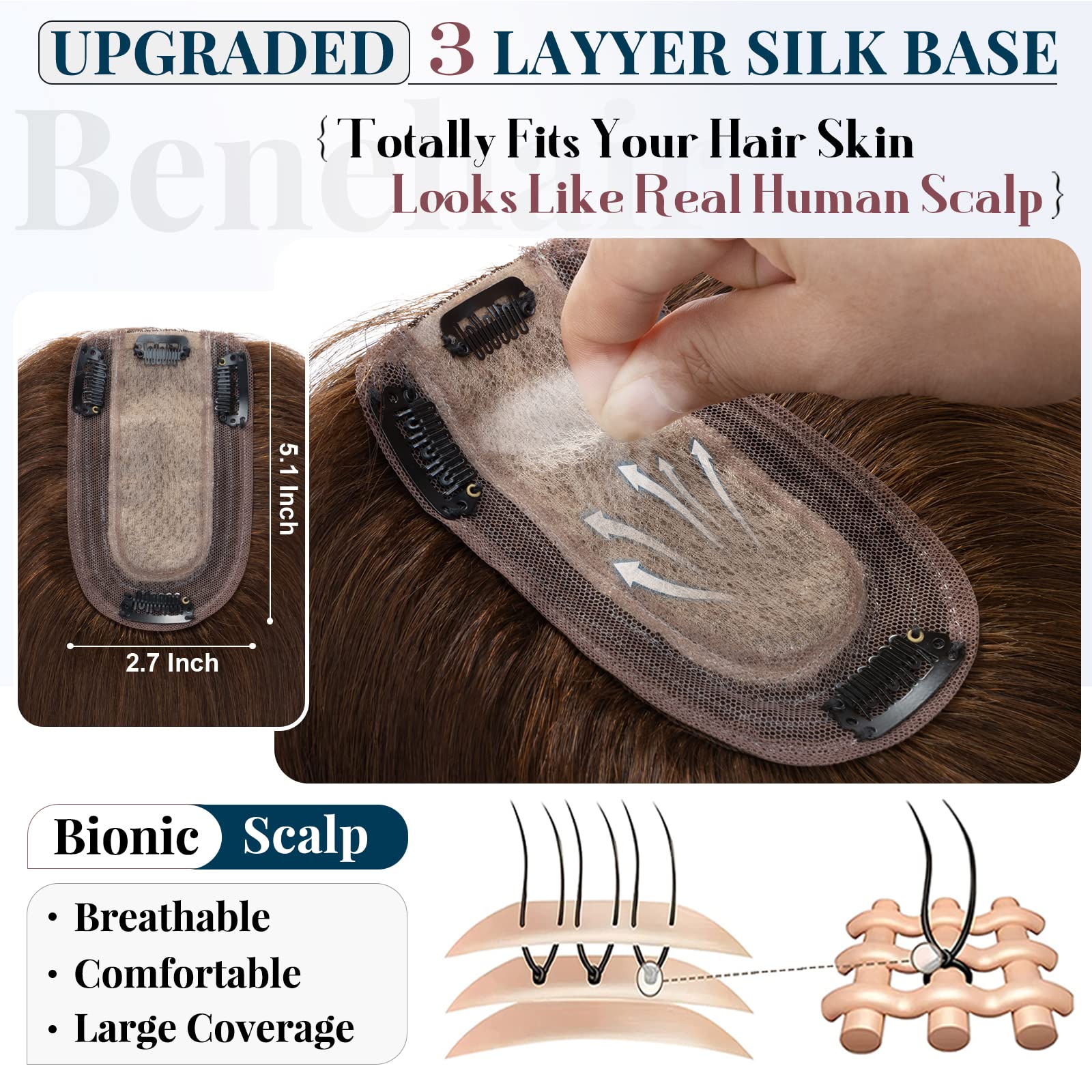 Benehair Clip-in Human Hair Topper for Women - 14 Inch Silk Base Hairpiece with Thinning Hair Solution, Remy Human Hair Extensions, Medium Brown (#04) - Perfect for Daily Wear, Special Occasions & Hair Volume Enhancement