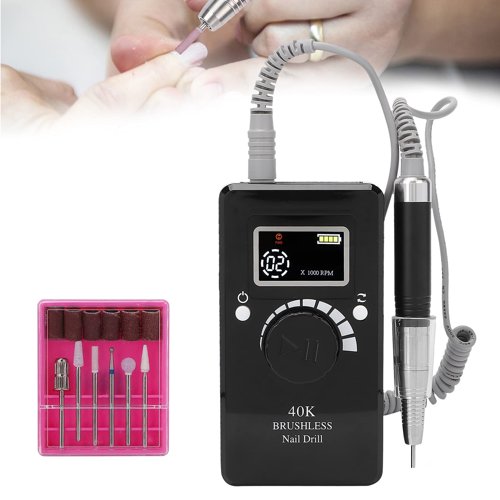 Professional Electric Nail Drill Machine 40000RPM - Portable Manicure Pedicure Kit with 6 Bits, Nail File & Polisher for Acrylic/Gel Nails - Perfect for Home Salon & DIY Nail Care (UK Plug)