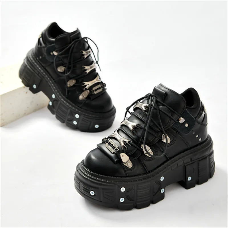 2025 Trendy Women's Ankle Boots - Chunky Heel Round Toe Lace-Up Sneakers with Metal Rivet Decor, Gothic Punk Rock Style for Daily Wear & Night Out