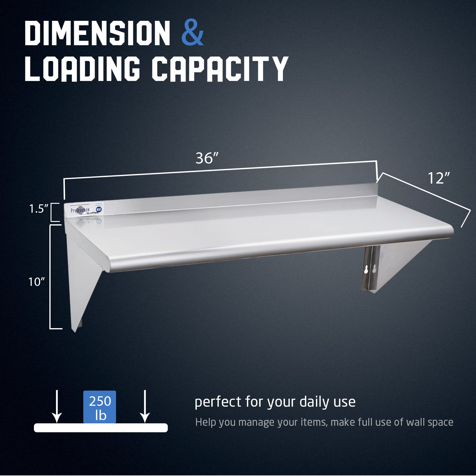 NSF Certified Stainless Steel Wall Shelf 12x36 Inches - Heavy Duty 250 lb Capacity Commercial Shelving with Backsplash & Brackets - Perfect for Restaurant Kitchen, Bar Storage, Garage Organization & Utility Room Shelving