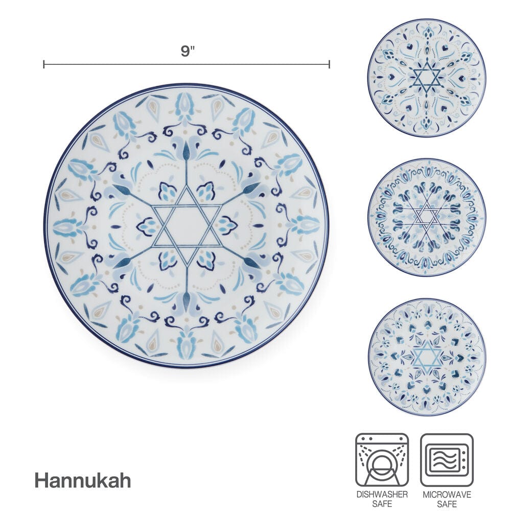 Hanukkah Celebration Set of 4 Salad Plates - Elegant Judaica Dinnerware for Holiday Meals & Festive Gatherings