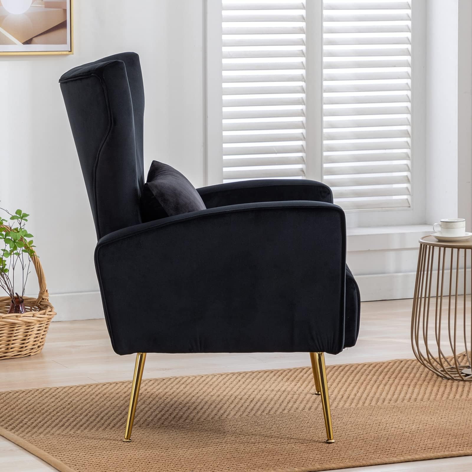 Velvet Accent Armchair - Modern Wingback Lounge Chair with Lumbar Pillow & Gold Legs for Living Room, Bedroom, Reading Corner | Comfy Seating for Relaxation, Reading & Home Decor (Black)