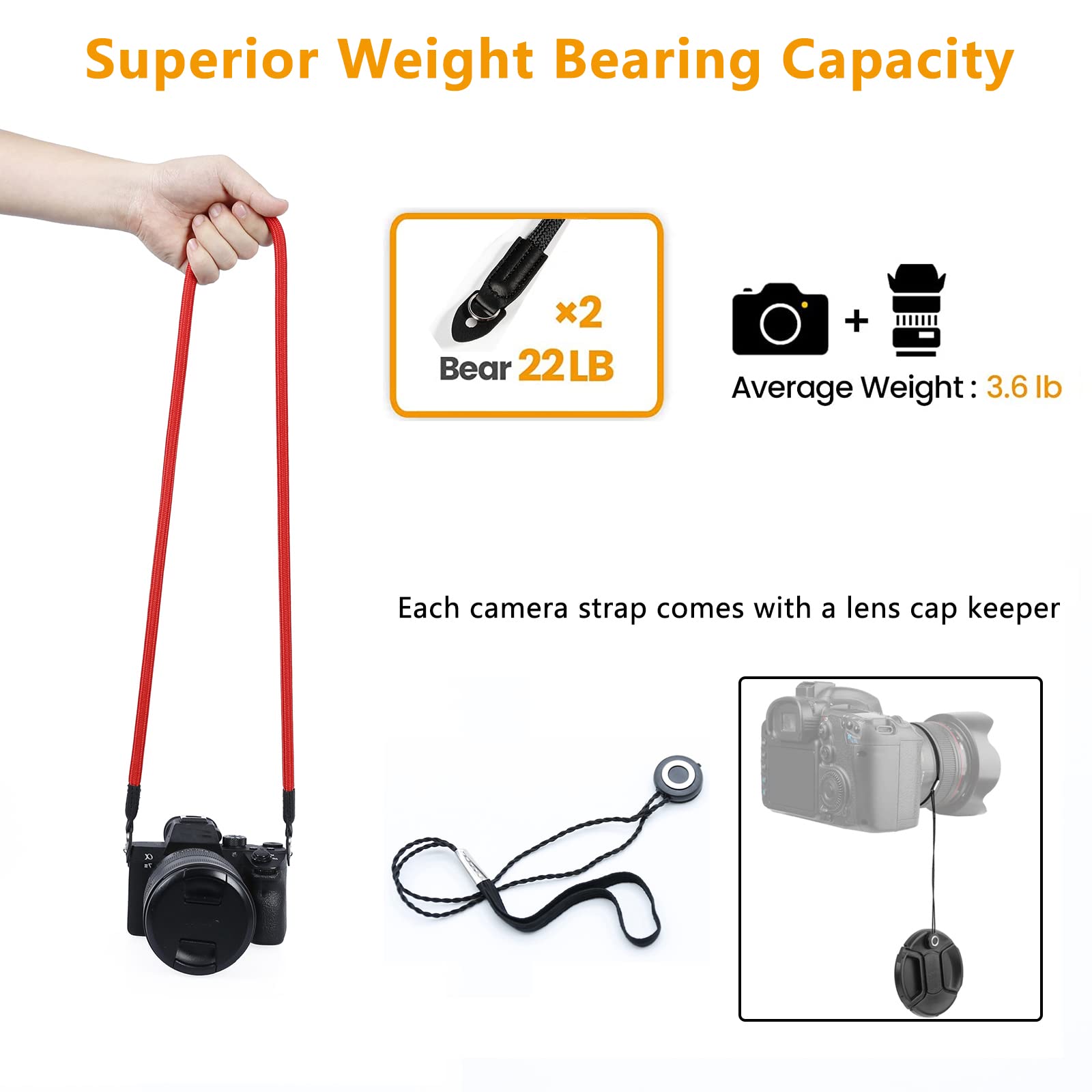 Camera Shoulder Strap - Durable Climbing Rope Neck Strap for DSLR & Mirrorless Cameras with Lens Cap Keeper (Red) - Perfect for Travel, Hiking & Outdoor Photography