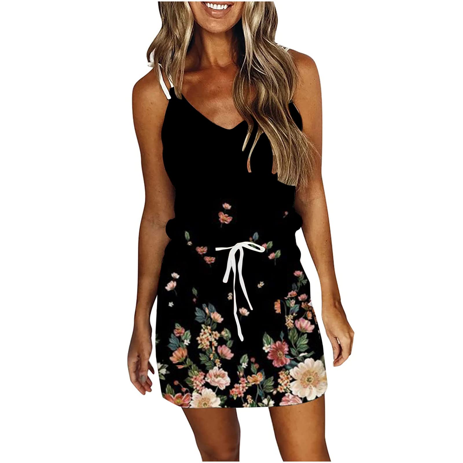 Women's Summer Boho Floral Print Sleeveless Tunic Dress with Belt & Pockets - Casual Beach Wear, Vacation Outfit, Party Dress for Outdoor Activities