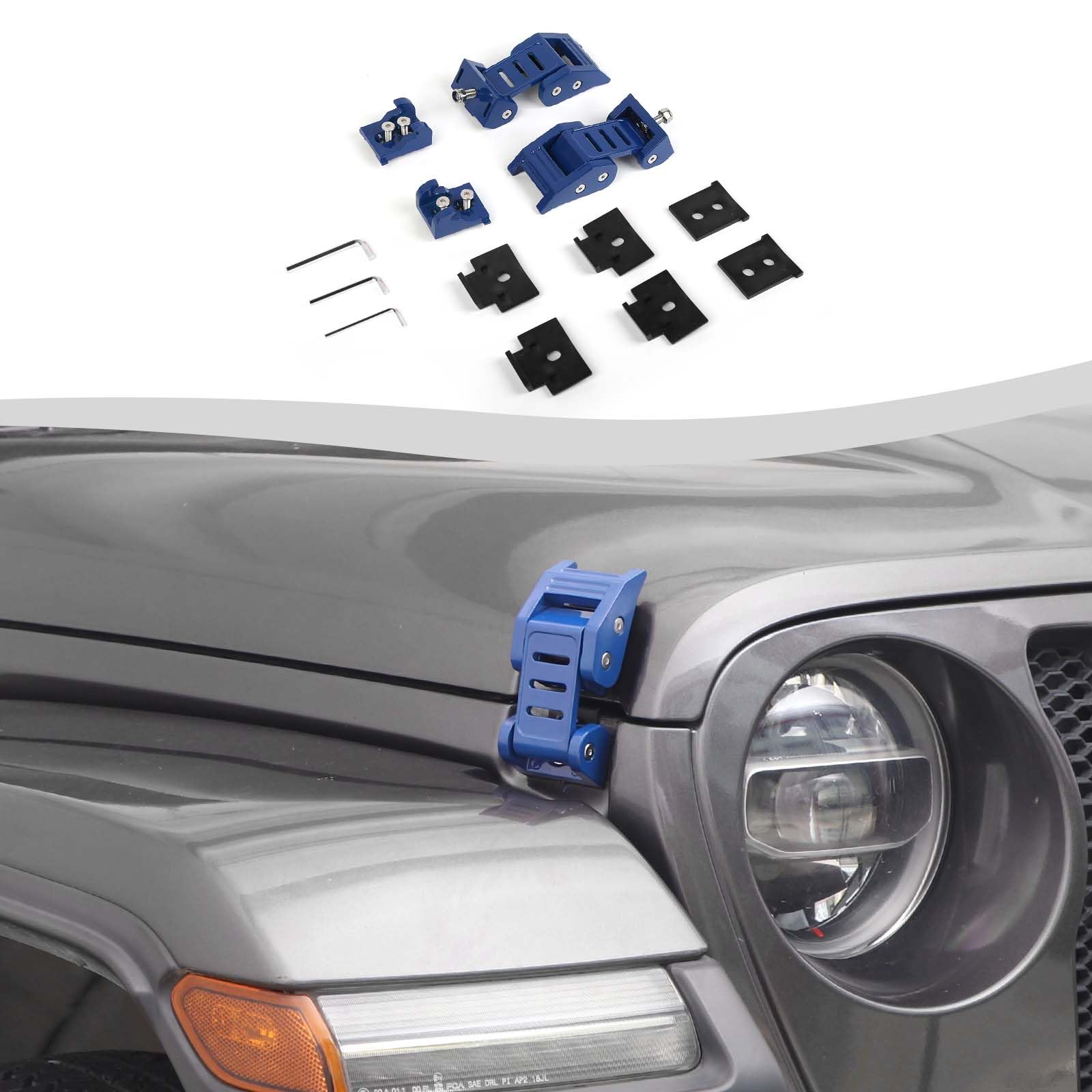 Stainless Steel Hood Latch Kit for 2007-2018 Jeep Wrangler JK/JKU & 2018-2025 JL/JLU/Gladiator JT - Durable Blue Exterior Accessories | Off-Road Protection & Enhanced Security