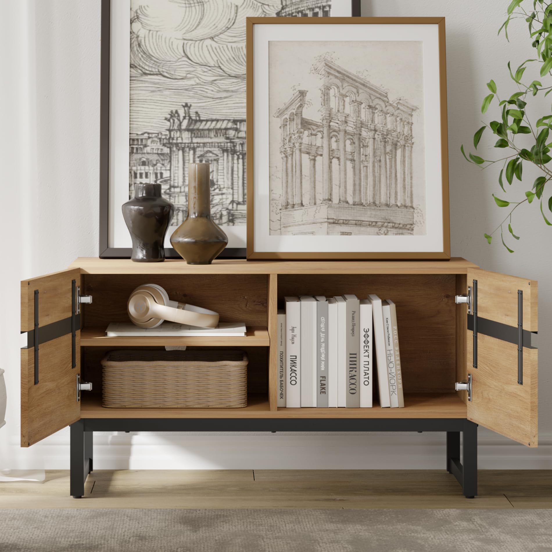 WAMPAT 50 Inch Modern TV Stand with Storage Cabinet - Oak Wood Entertainment Center Console Table for Living Room, Bedroom & Home Theater Setup