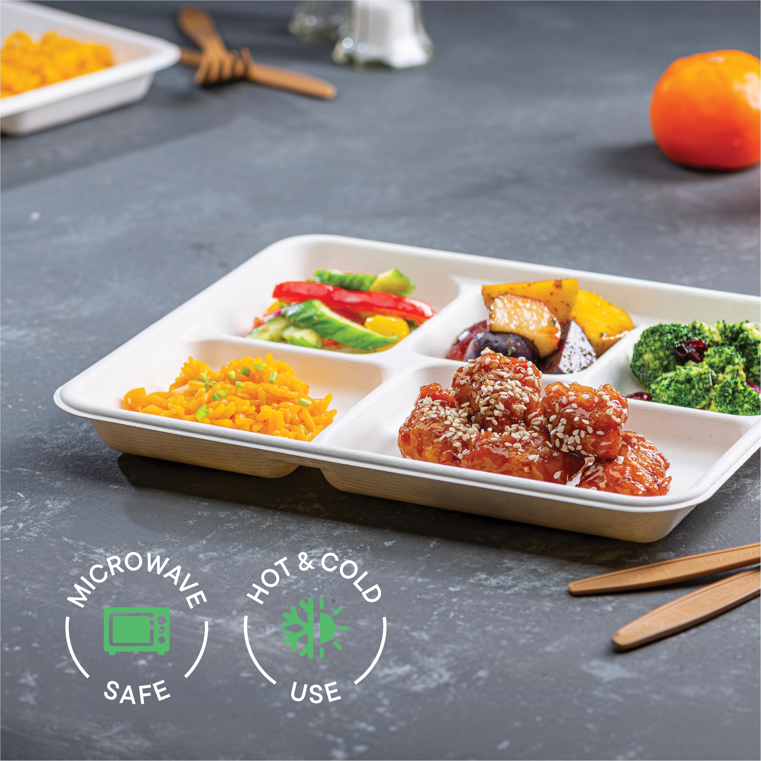 500-Pack 100% Compostable 5-Compartment Disposable Paper Plates - Eco-Friendly School Lunch Trays 8