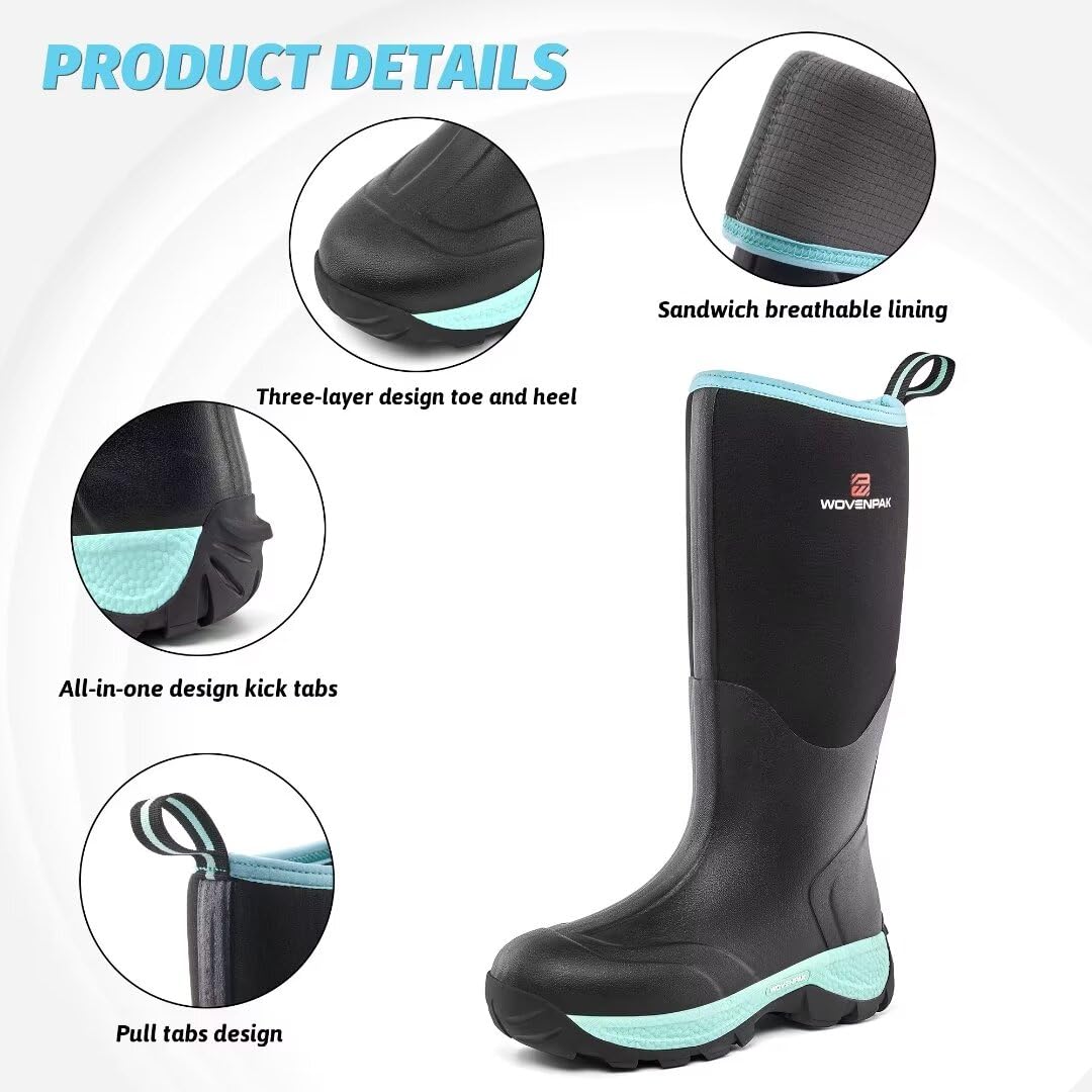WOVENPAK Women's Waterproof Rubber Boots - Insulated Neoprene Rain & Hunting Boots for Gardening, Farming, Outdoor Work (Size 6-11) | All-Season Comfort for Wet Weather, Muddy Fields & Outdoor Adventures