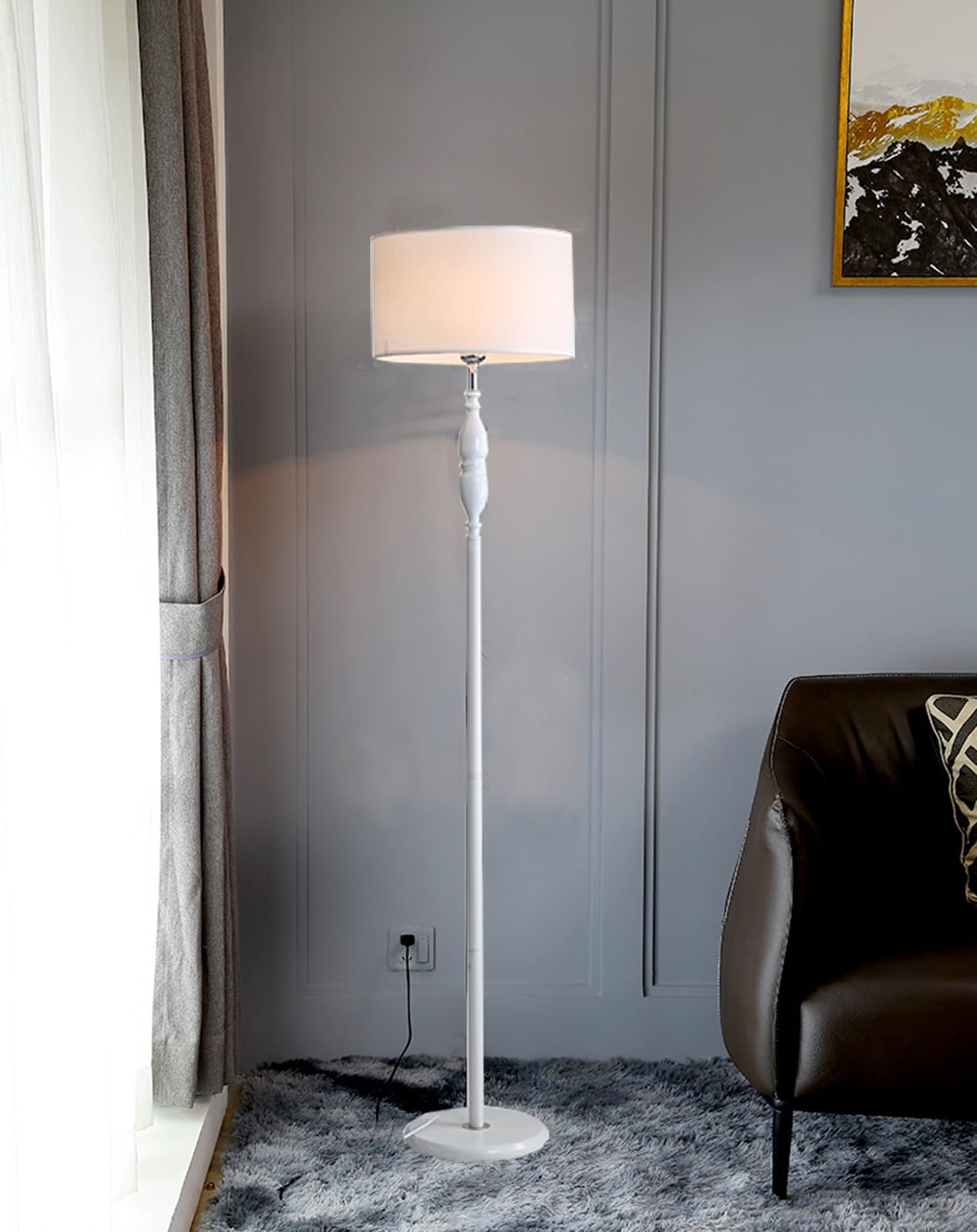 Modern Wood Standing Lamp with Fabric Shade - ON/Off Foot Switch - Farmhouse Tall Floor Lamp for Living Room, Bedroom, Office - Perfect for Reading Nook & Cozy Home Decor