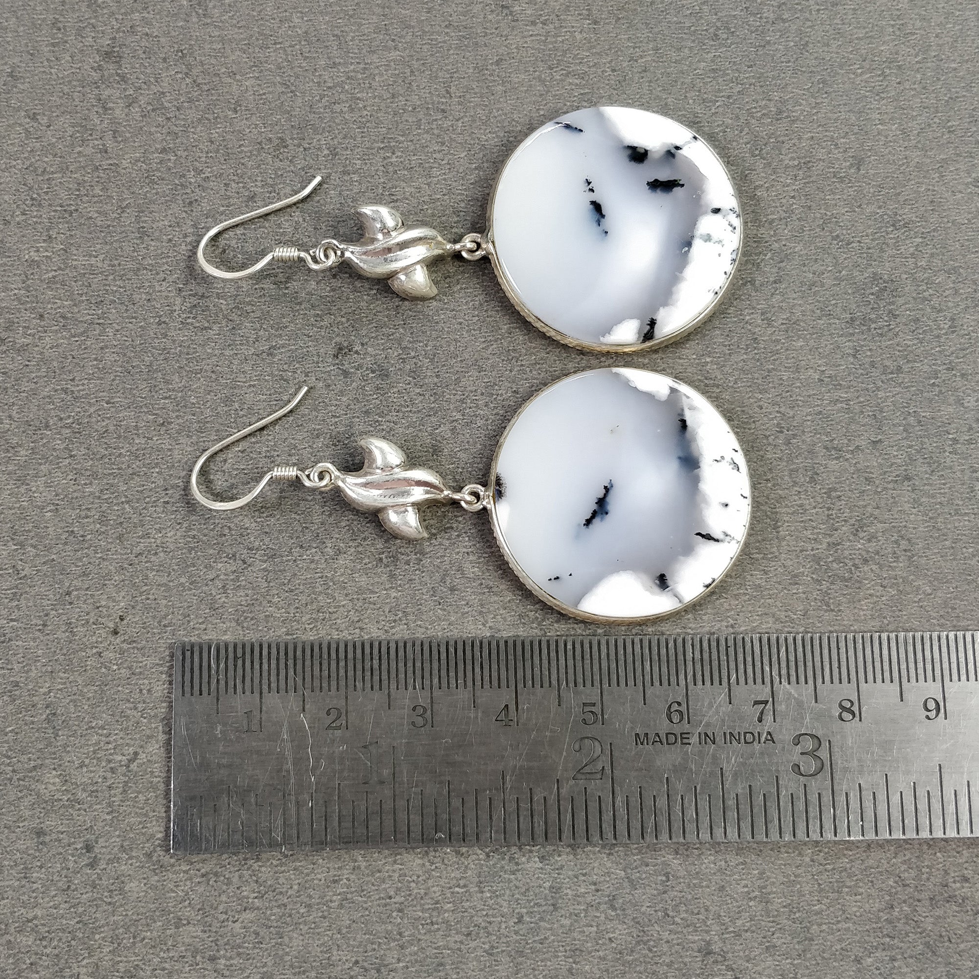 Botswana Agate Gemstone Earrings - 17.15g Natural 925 Sterling Silver Bi-Color Round Bezel Set Drop Dangle Hook Earrings (2.5 Inches) | Elegant Jewelry for Women, Perfect for Parties, Weddings & Special Occasions