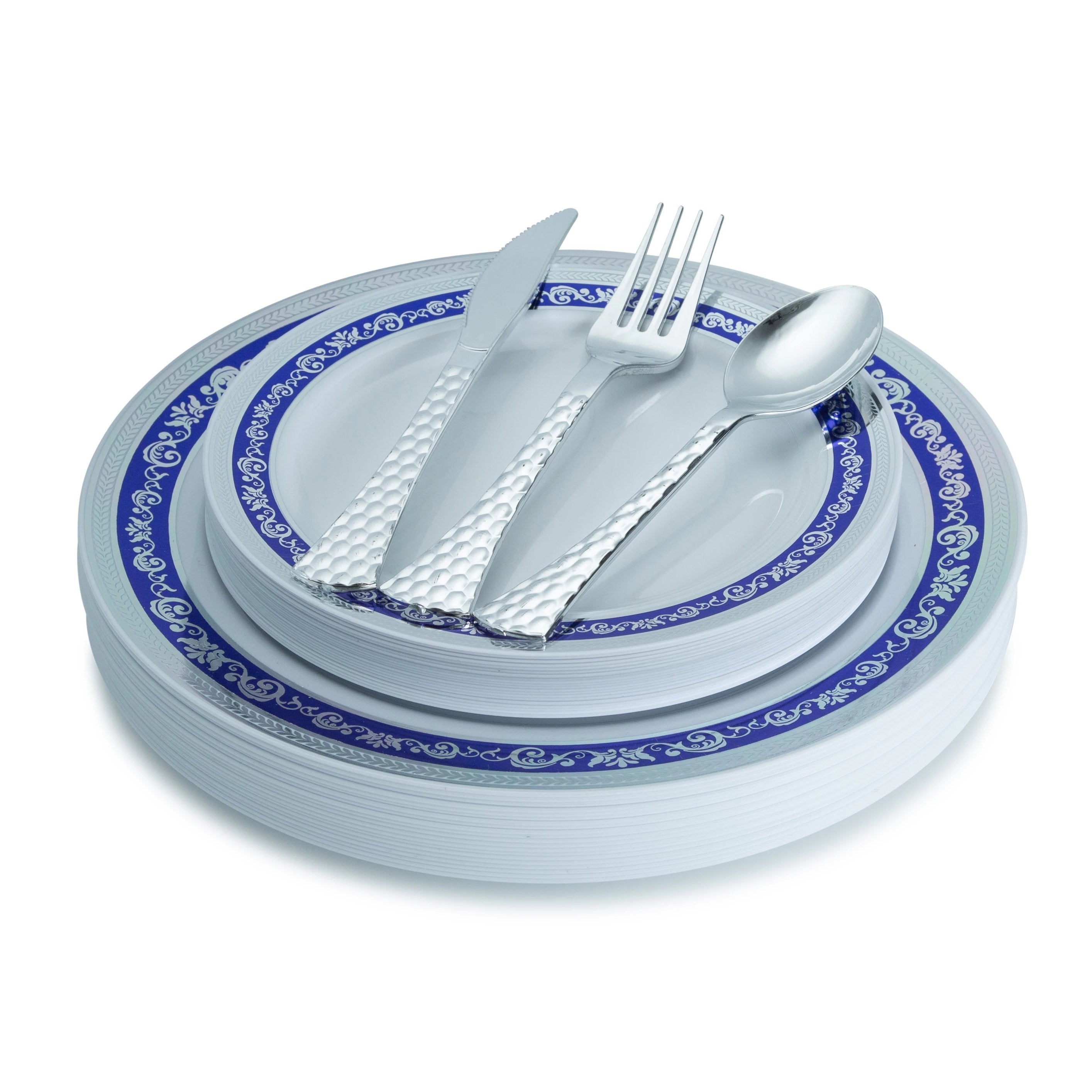 100-Piece Blue and Silver Round Plastic Dinnerware Set with Silverware for 20 Guests - Elegant & Durable Disposable Tableware for Parties, Weddings, and Outdoor Events