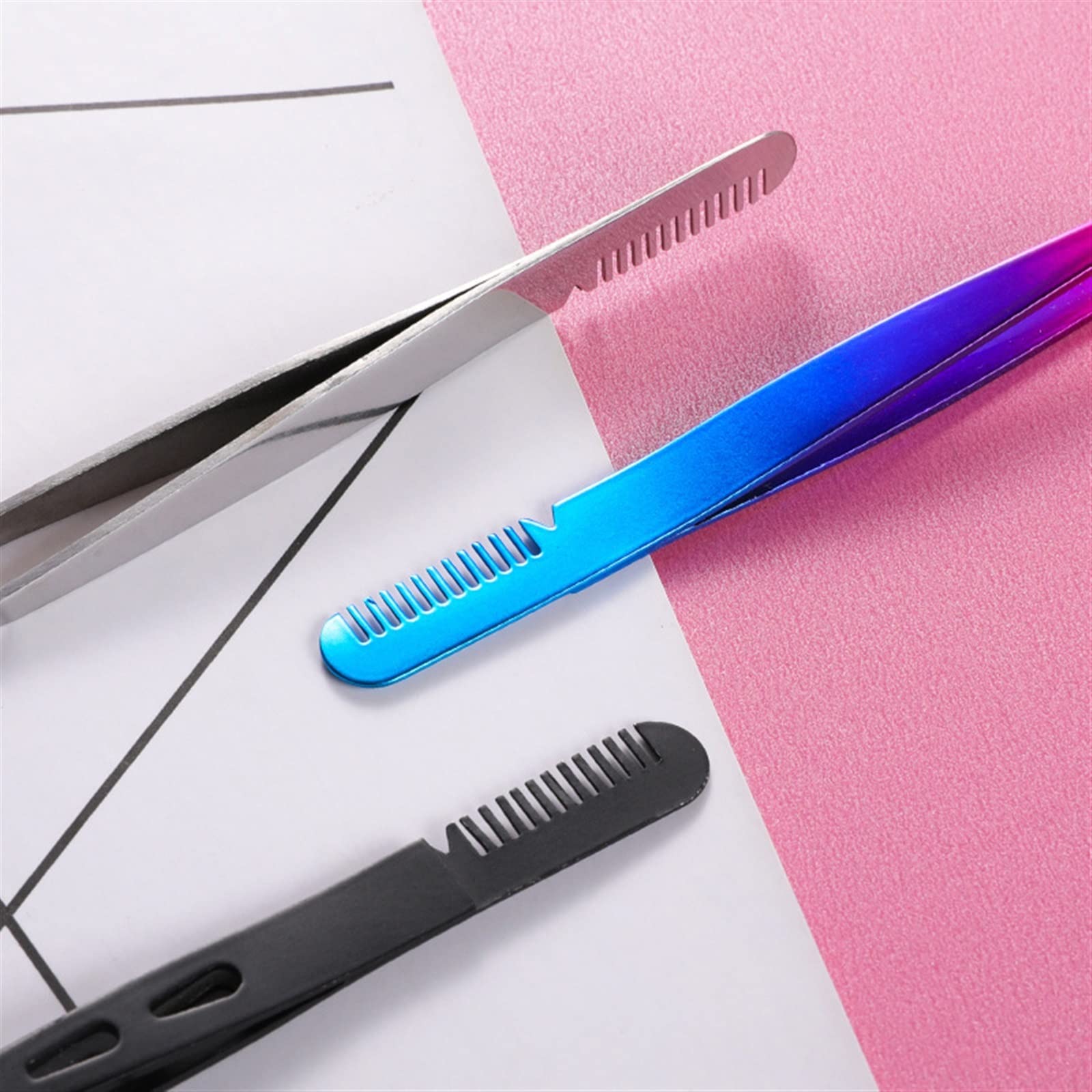 Premium Stainless Steel Lash & Eyebrow Tweezers with Comb - Slant Tip & Flat Head for False Eyelash Application, Eyebrow Grooming & Makeup Tools - Perfect for Professional Salon Use, Home Makeup Kits & Travel Beauty Essentials (Color Options: 7, 8)