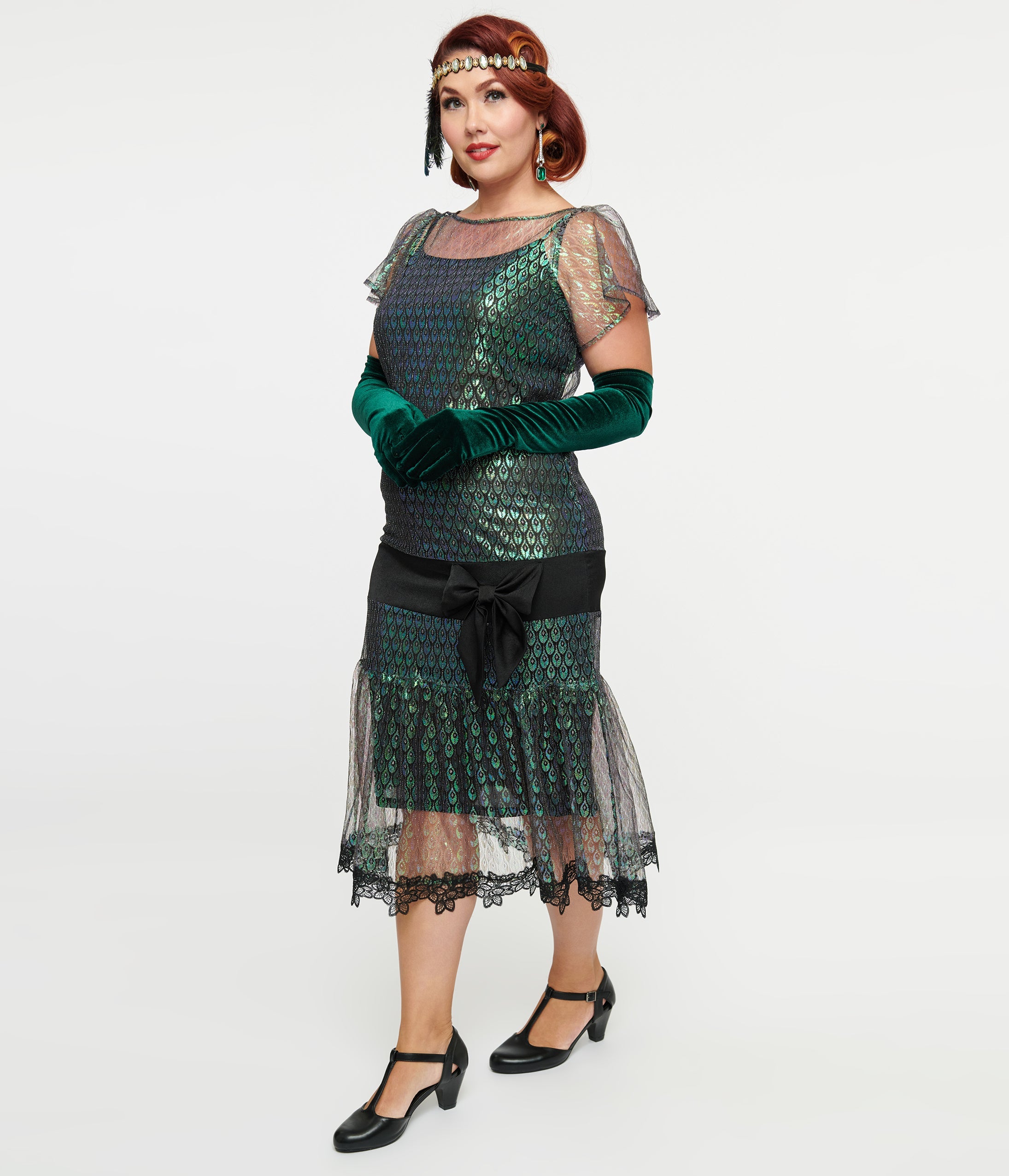 Vintage 1920s Iridescent Peacock Flapper Dress with Black Bow - Roaring 20s Gatsby Party Costume, Halloween Outfit & Burlesque Show Attire