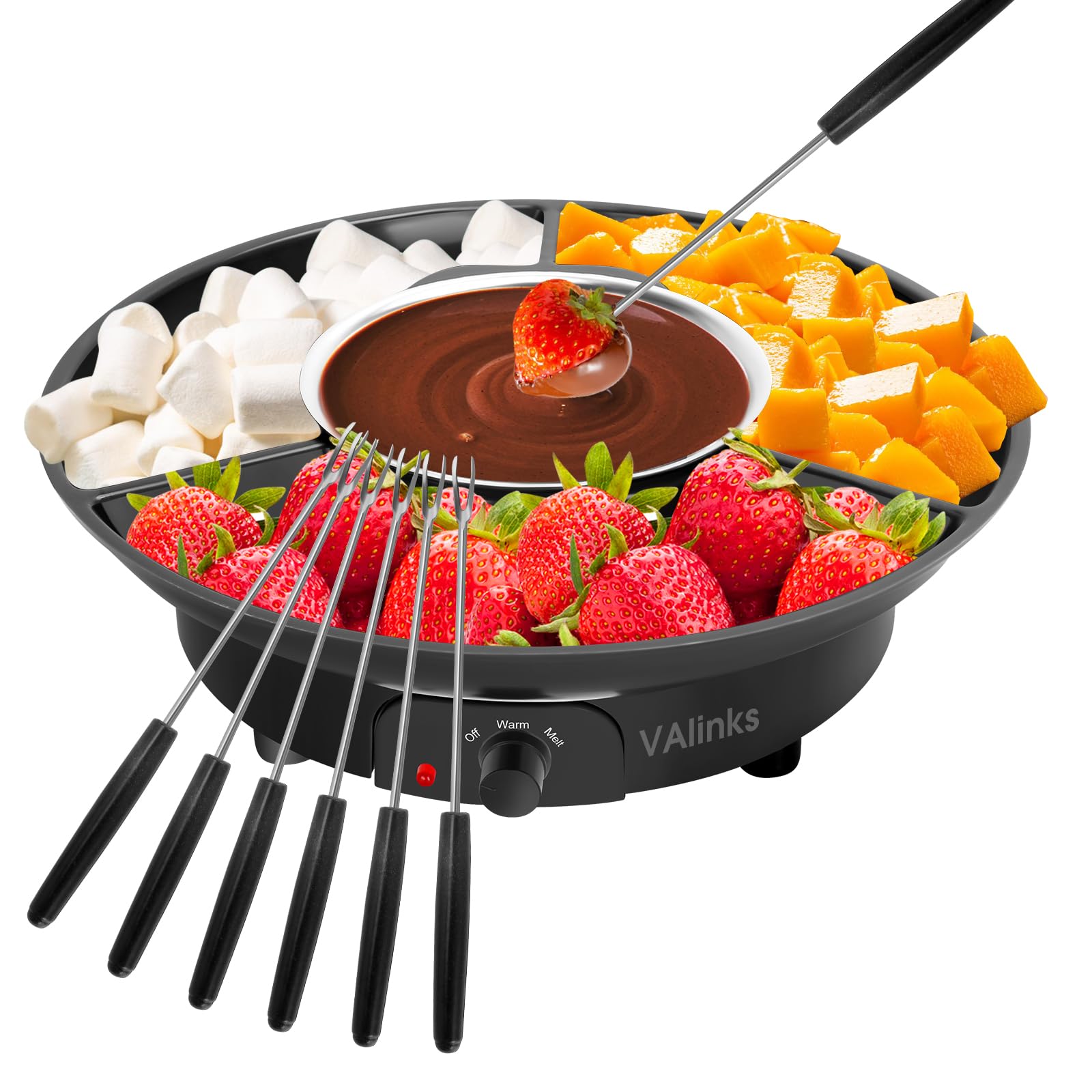 Electric Chocolate Fondue Pot Set with 3-Section Serving Tray & 6 Dipping Forks - Perfect for Christmas, Housewarming Gifts & Party Desserts (Black) - Ideal for Valentine's Day, Family Gatherings & Romantic Dinners