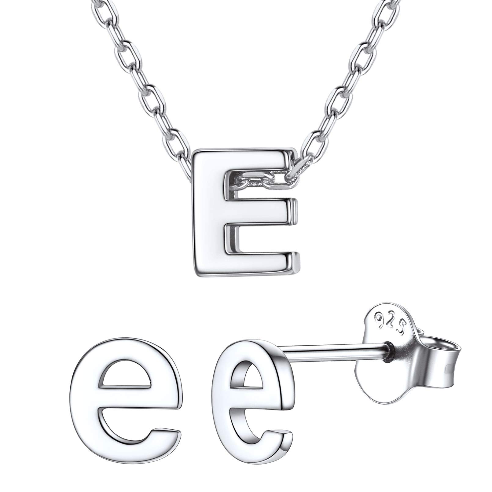ChicSilver 925 Sterling Silver Letter E Initial Necklace & Stud Earrings Set for Women & Girls - Perfect Gift for Birthday, Anniversary & Everyday Wear