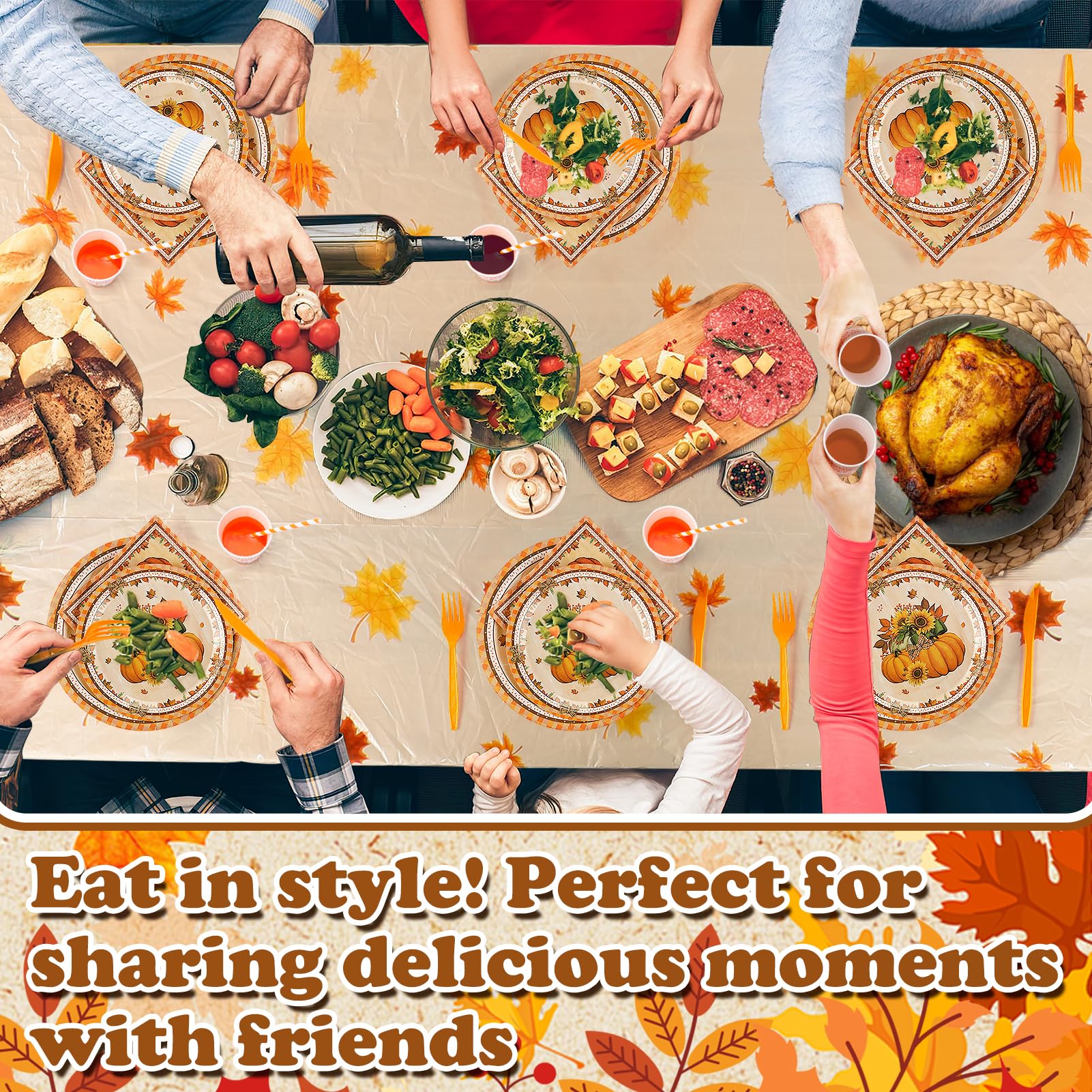 Friendsgiving Party Decorations Set - 194pcs Thanksgiving Tableware Kit with Pumpkin Plates, Cups, Forks & Napkins for 24 Guests | Thanksgiving Dinner Decor, Friendsgiving Table Setting for Holiday Gatherings & Family Feasts