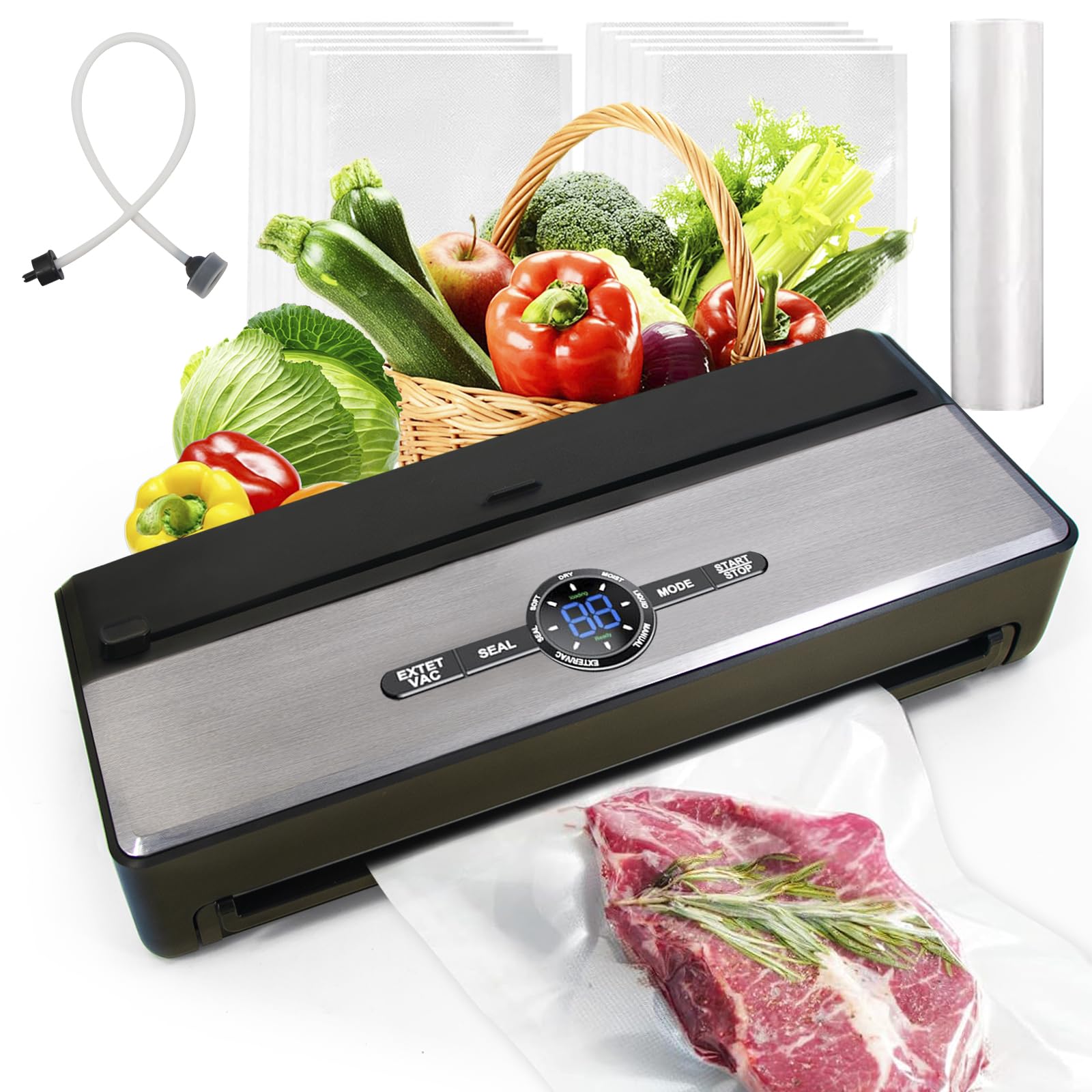 9-in-1 Automatic Vacuum Sealer Machine for Food Preservation - 85kPa Powerful Suction for Moist, Dry, Liquid & Soft Foods - Includes Cutter, Bag Storage & External VAC for Jars - Perfect for Meal Prep, Sous Vide & Extending Food Shelf Life - Comes with Starter Kit (1 Bag Roll & 10 Bags)