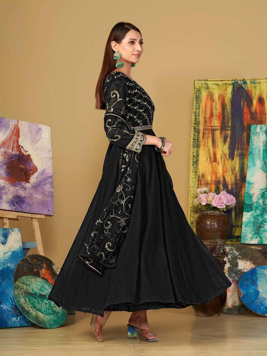 Elegant Black Designer Semi-Stitched Anarkali Dress with Intricate Embroidery - Perfect for Weddings, Parties & Special Occasions
