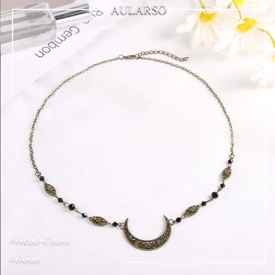 Vintage Crescent Moon Head Chain with Black Crystals - Boho Hair Jewelry for Women & Girls - Perfect for Halloween, Cosplay, Music Festivals & Boho Fashion (Bronze)