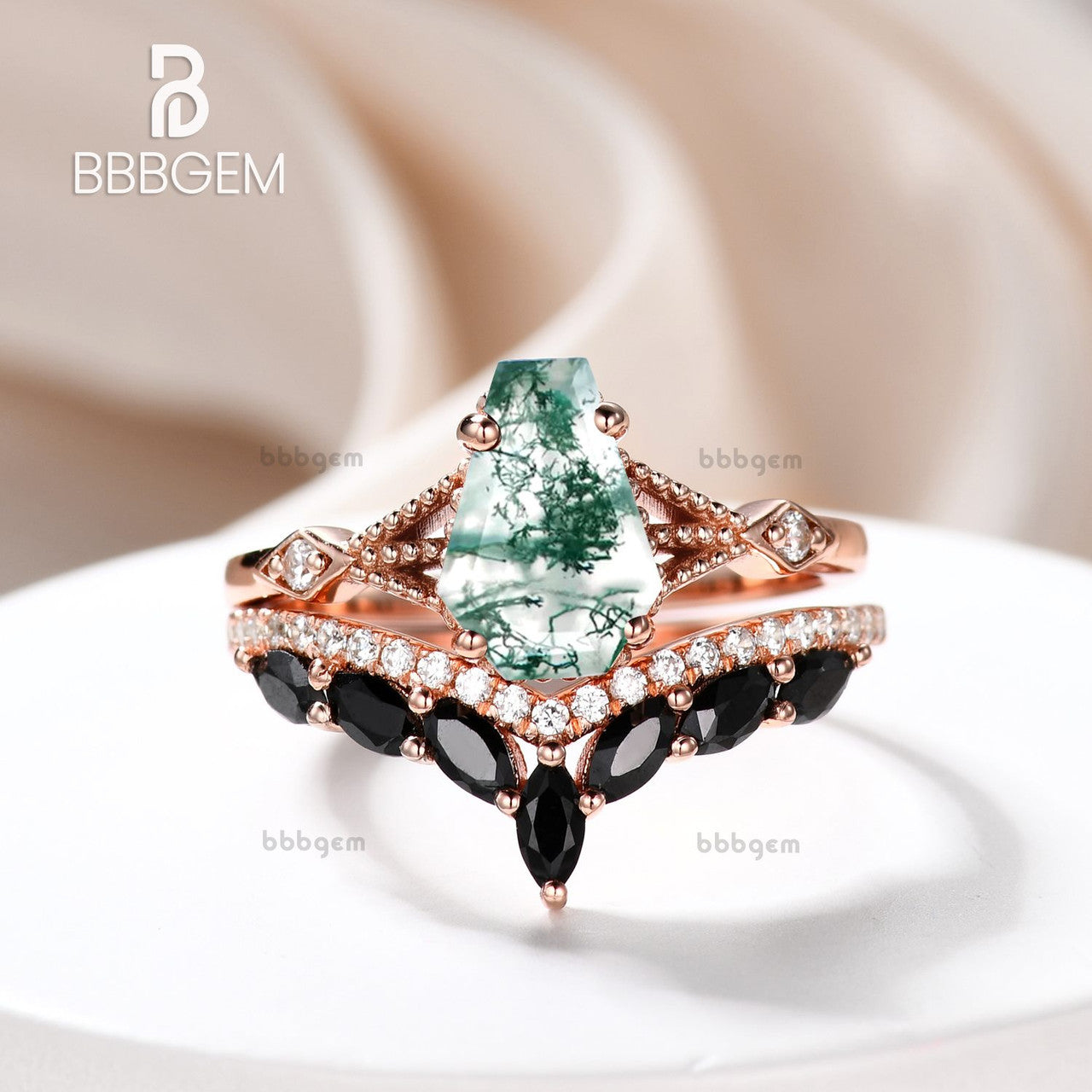 Gothic Alternative Coffin Cut Engagement Ring Set - Moss Agate 14k Gold Ring & Marquise Cut Black Spinel Ring for Dark Romance Weddings, Punk Proposals and Unique Gothic Jewelry Collections