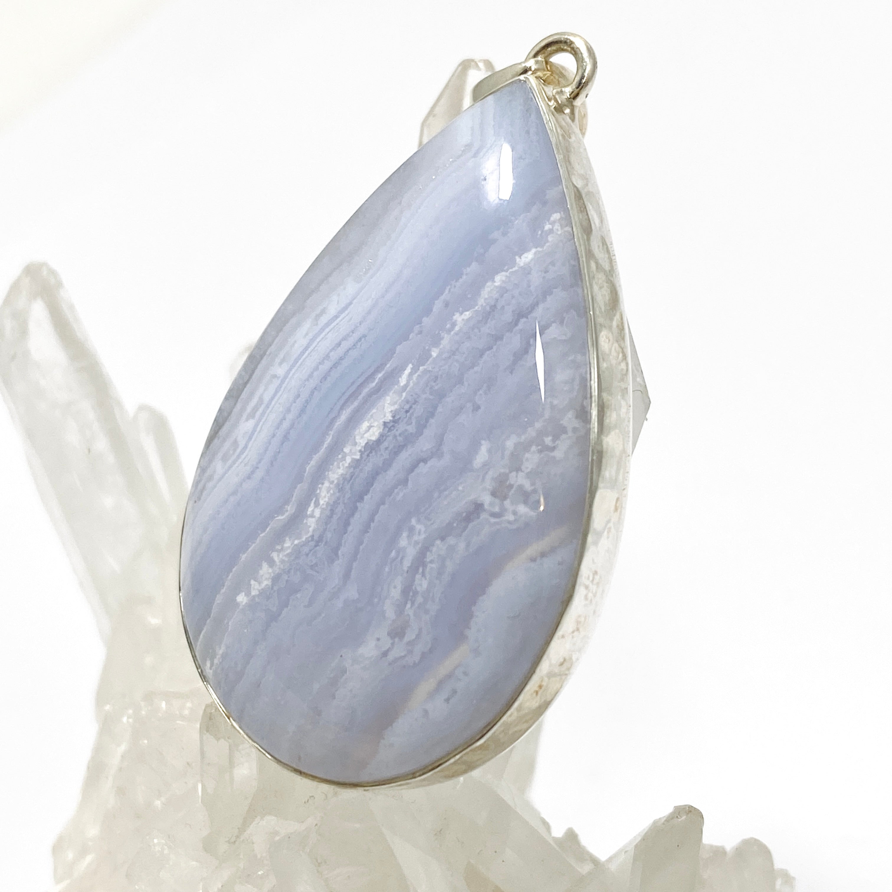 Blue Lace Agate Teardrop Cabochon Pendant in Hammered Silver Setting - KPGJ4831 | Handmade Jewelry for Women, Boho Chic Necklace for Everyday Wear & Special Occasions