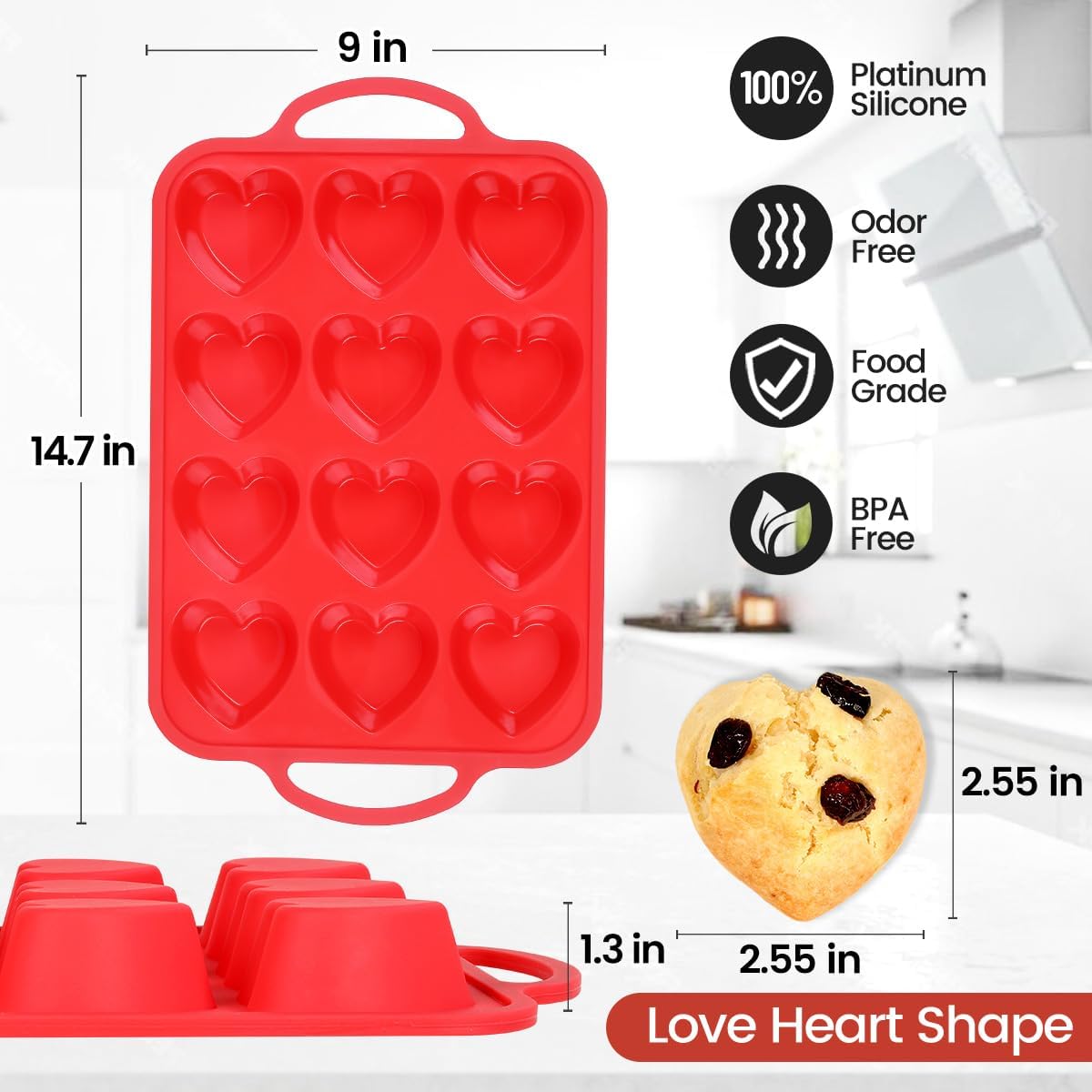 Heart Shaped Muffin Pan - 2 Pack Nonstick Silicone Baking Molds with Metal Frame for Cupcakes, Tartlets, Egg Bites & Chocolate - Perfect for Valentine's Day, Anniversaries & Romantic Baking Gifts (Red)