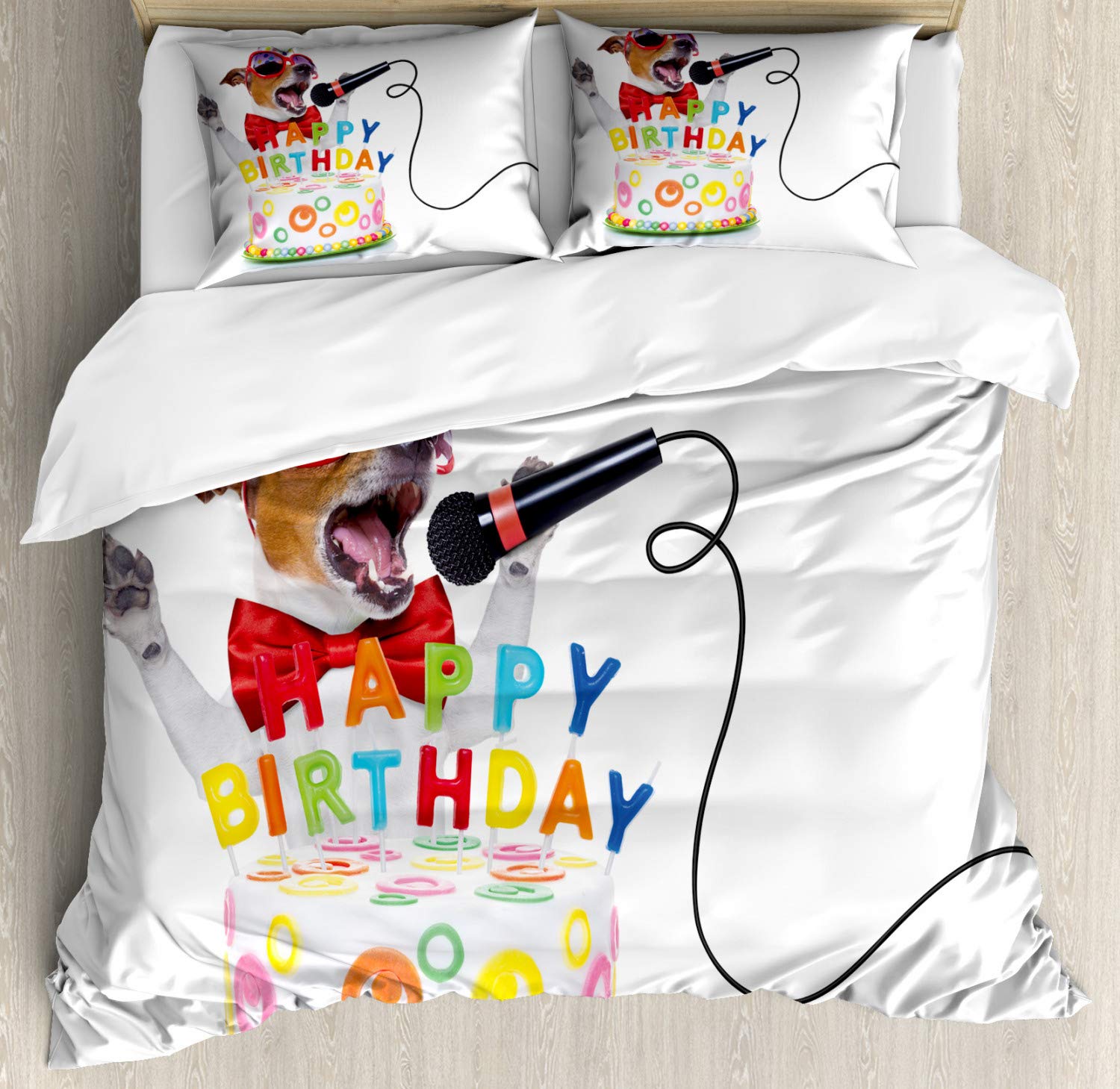 Ambesonne Birthday Party Duvet Cover Set - Musician Singer Dog with Glasses & Cake Print, 3-Piece California King Bedding Set with 2 Pillow Shams, Vibrant Multicolor | Perfect for Birthday Decorations, Themed Bedrooms & Gift Ideas