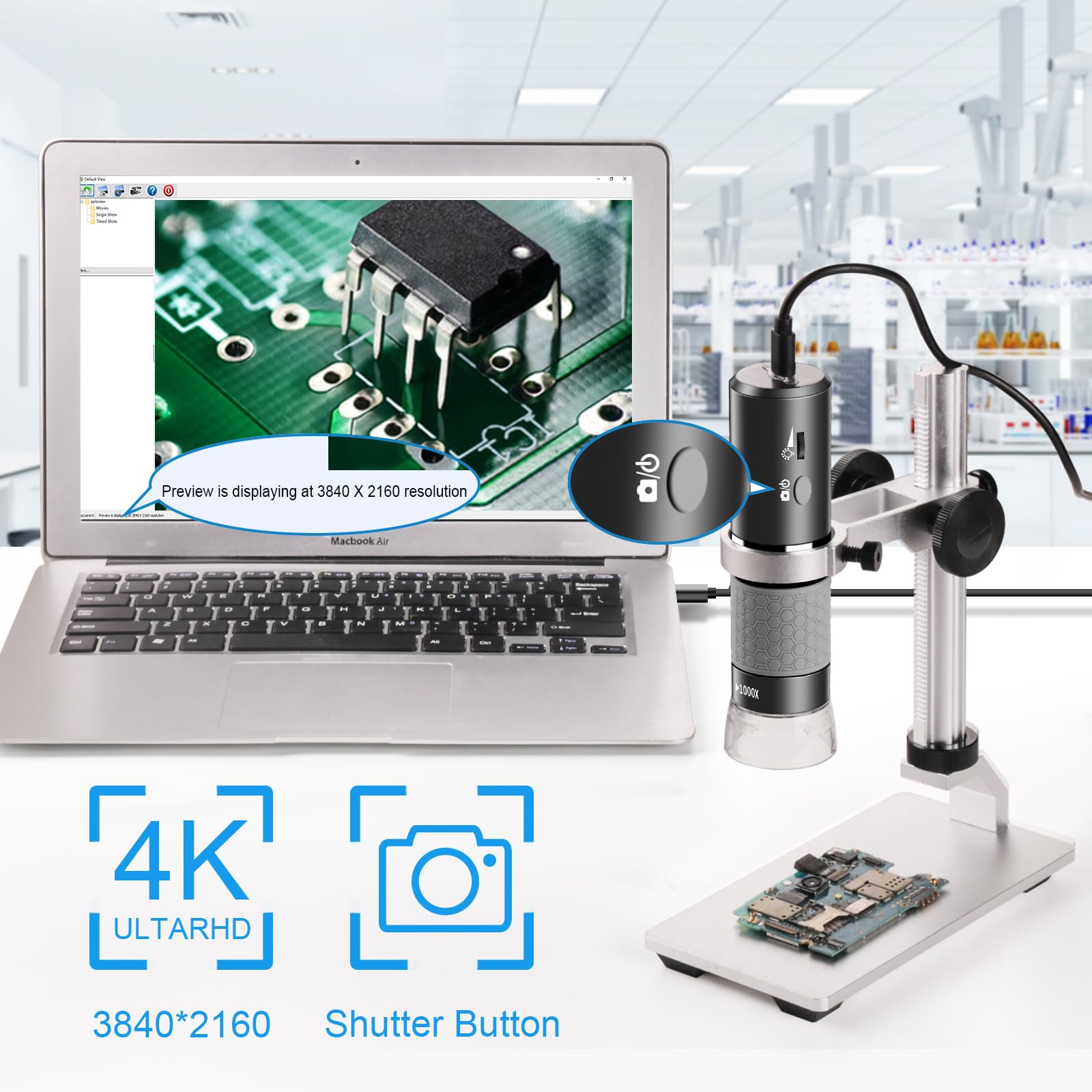 4K 3840x2160p WiFi Digital Microscope Camera with Adjustable Metal Stand - Wireless Portable Microscope for iPhone, Android, Windows & Mac | Ideal for Coin Collecting, Jewelry Inspection & PCB Repair