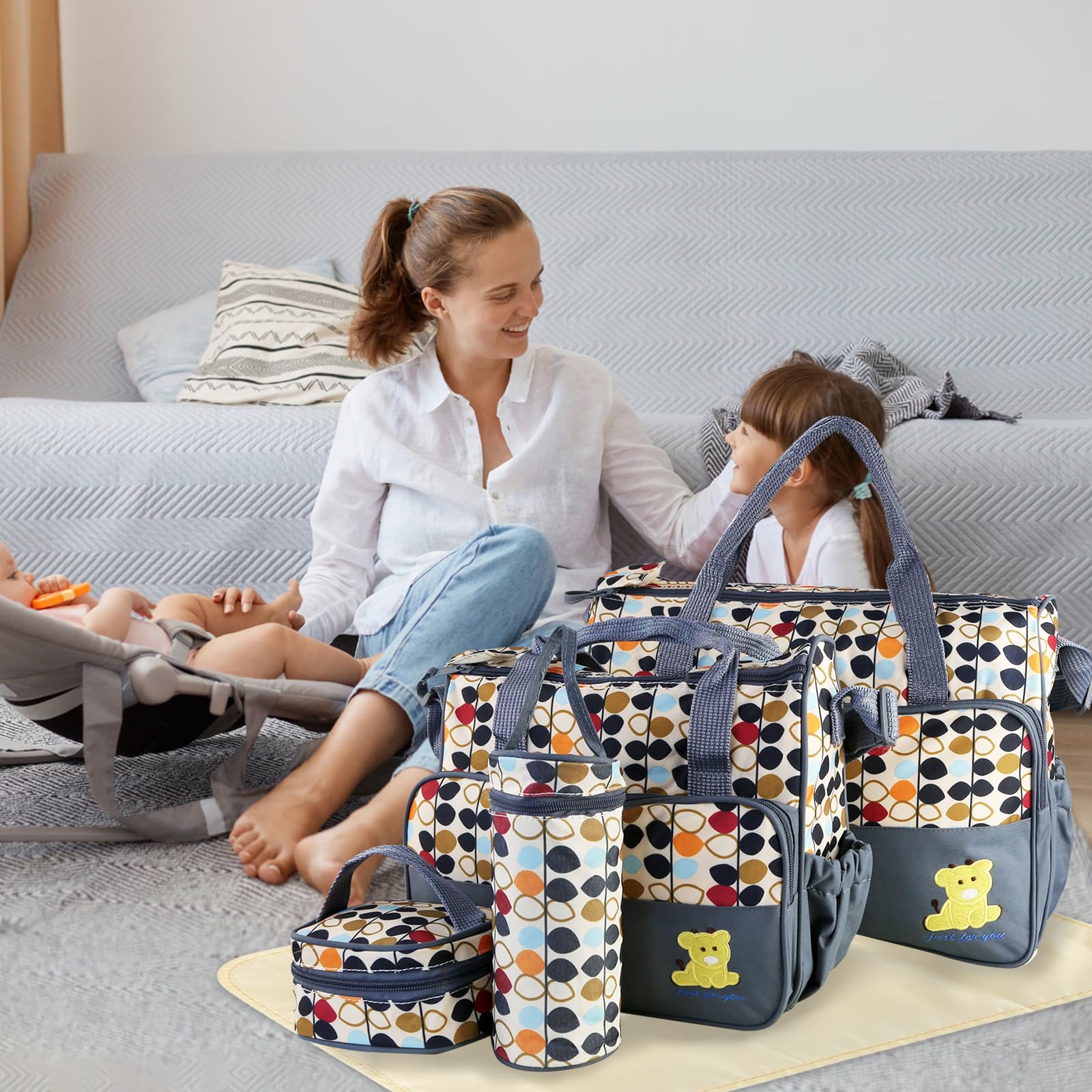 **Zorpupoa Large Diaper Bag Set for Boys & Girls - 5PCS Travel Tote with Nappy Changing Essentials - Stylish & Portable Mommy Bag for Outings, Shopping & Baby Care**