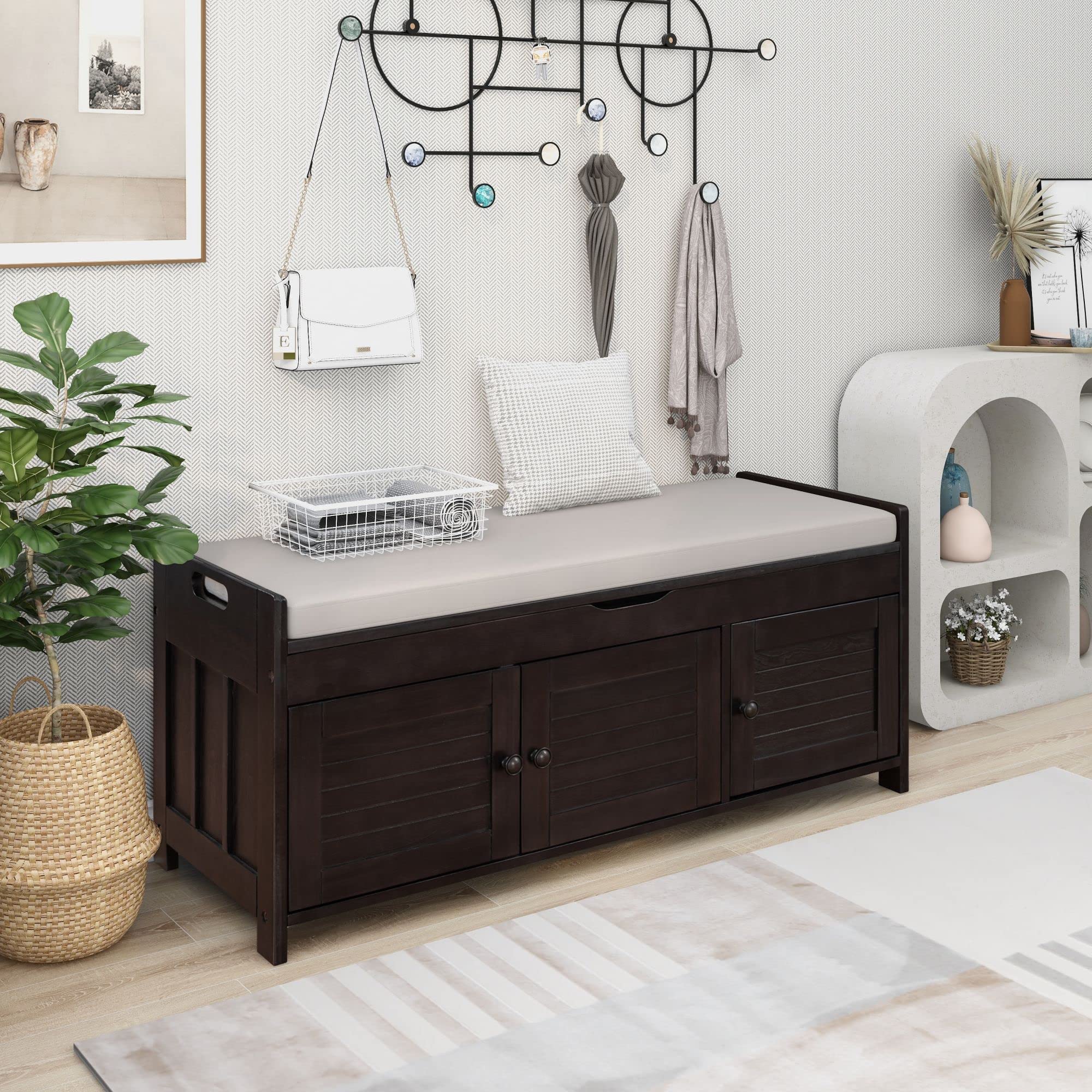 DERCASS Storage Bench with 3 Shutter-Style Doors - Shoe Bench with Removable Cushion & Hidden Storage Compartment - Entryway, Living Room, Hallway Organizer - Espresso Finish for Home Decor & Practical Storage Solutions