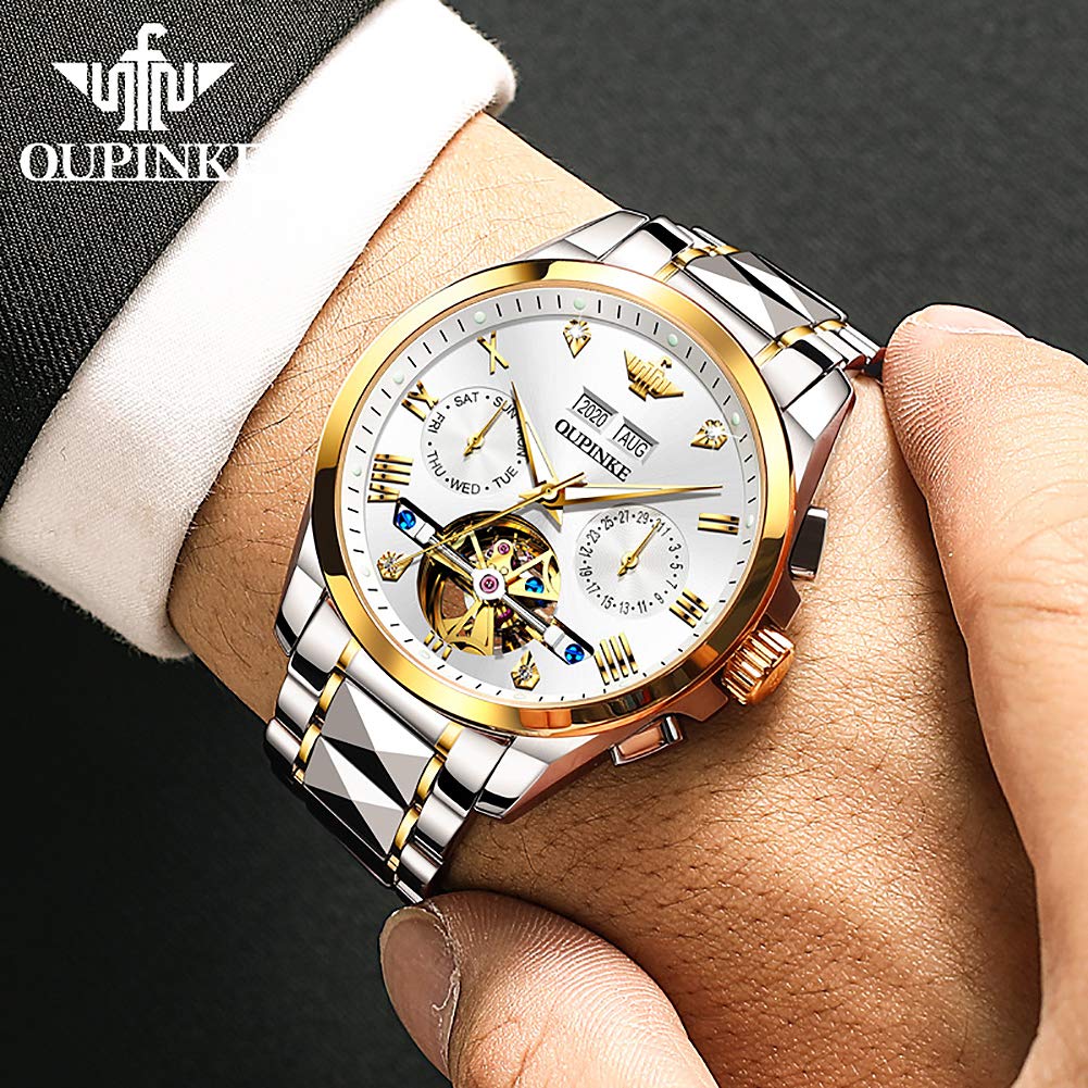 OUPINKE Automatic Skeleton Watch for Men - Self-Winding Mechanical Watch with Hollow Design, Sapphire Crystal, 50M Waterproof & Tungsten Steel Case - Perfect for Business, Formal Events & Everyday Wear