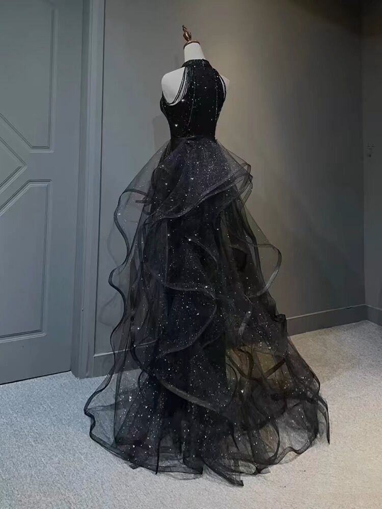 Elegant Black Halter A-Line Ruffled Evening Gown - Long Prom Dress J3082 for Formal Events, Parties & Special Occasions